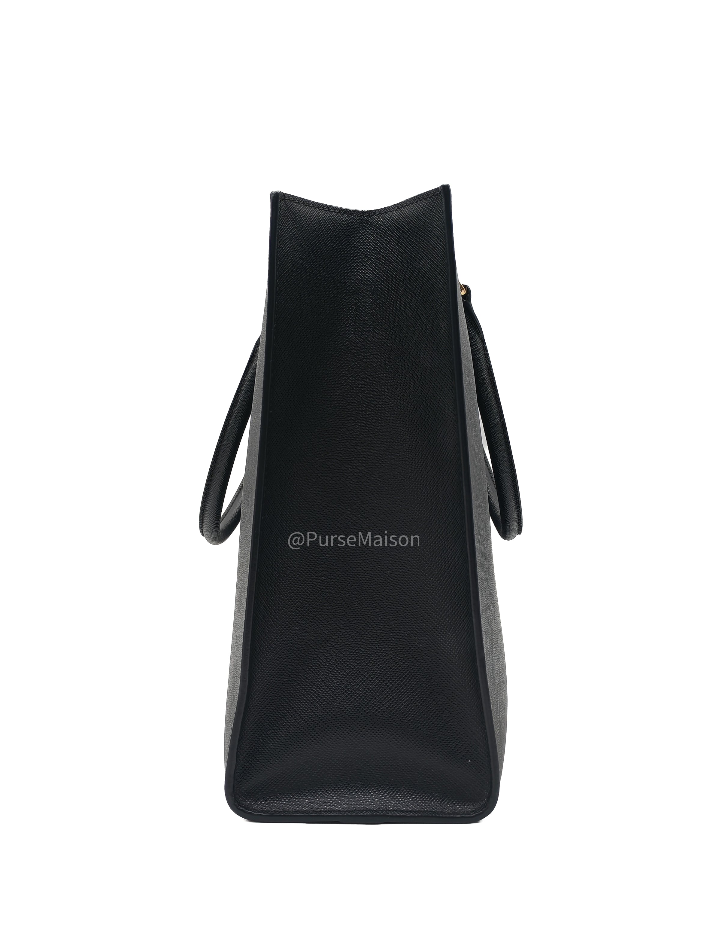 Prada Saffiano Lux Embossed Logo Medium Shoulder Tote Bag in Black Calfskin Leather and Gold Hardware