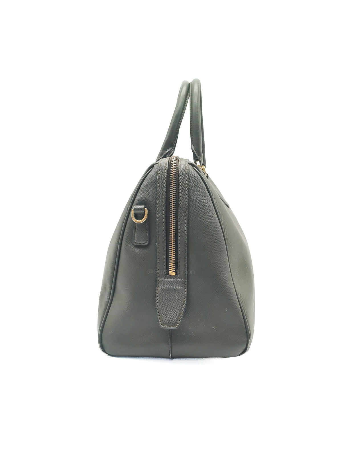 Prada Saffiano Lux Top Handle Bowler Bag in Olive Green Saffiano Cuir Leather and Gold Hardware