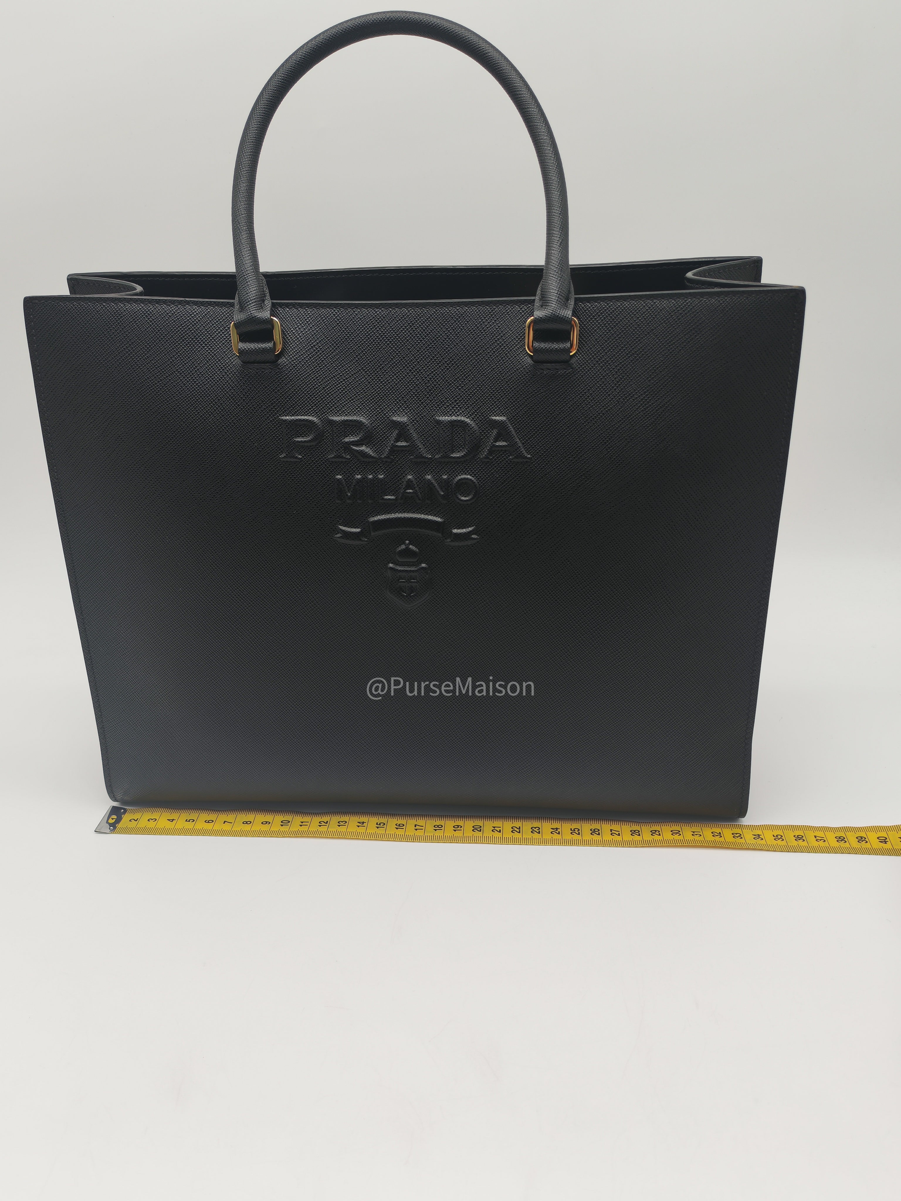 Prada Saffiano Lux Embossed Logo Medium Shoulder Tote Bag in Black Calfskin Leather and Gold Hardware