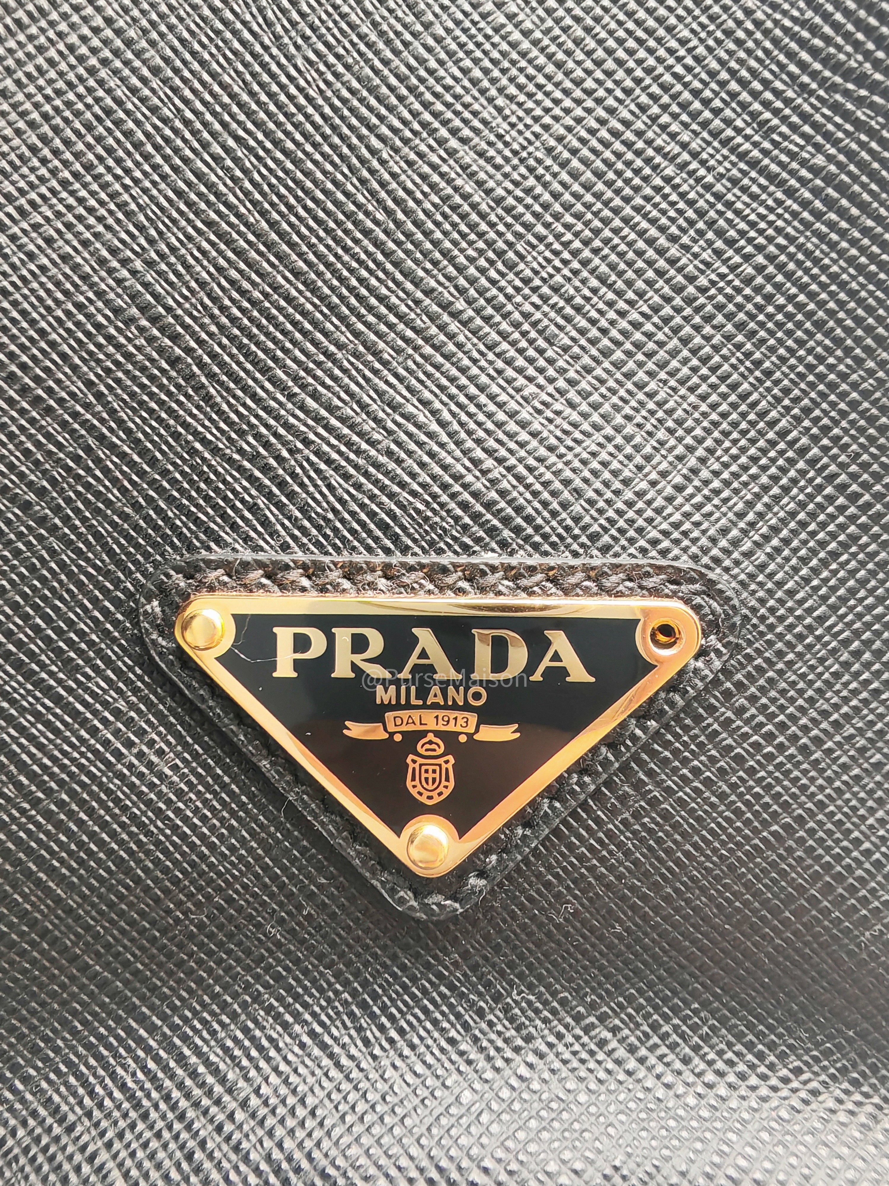 Prada Saffiano Lux Embossed Logo Medium Shoulder Tote Bag in Black Calfskin Leather and Gold Hardware