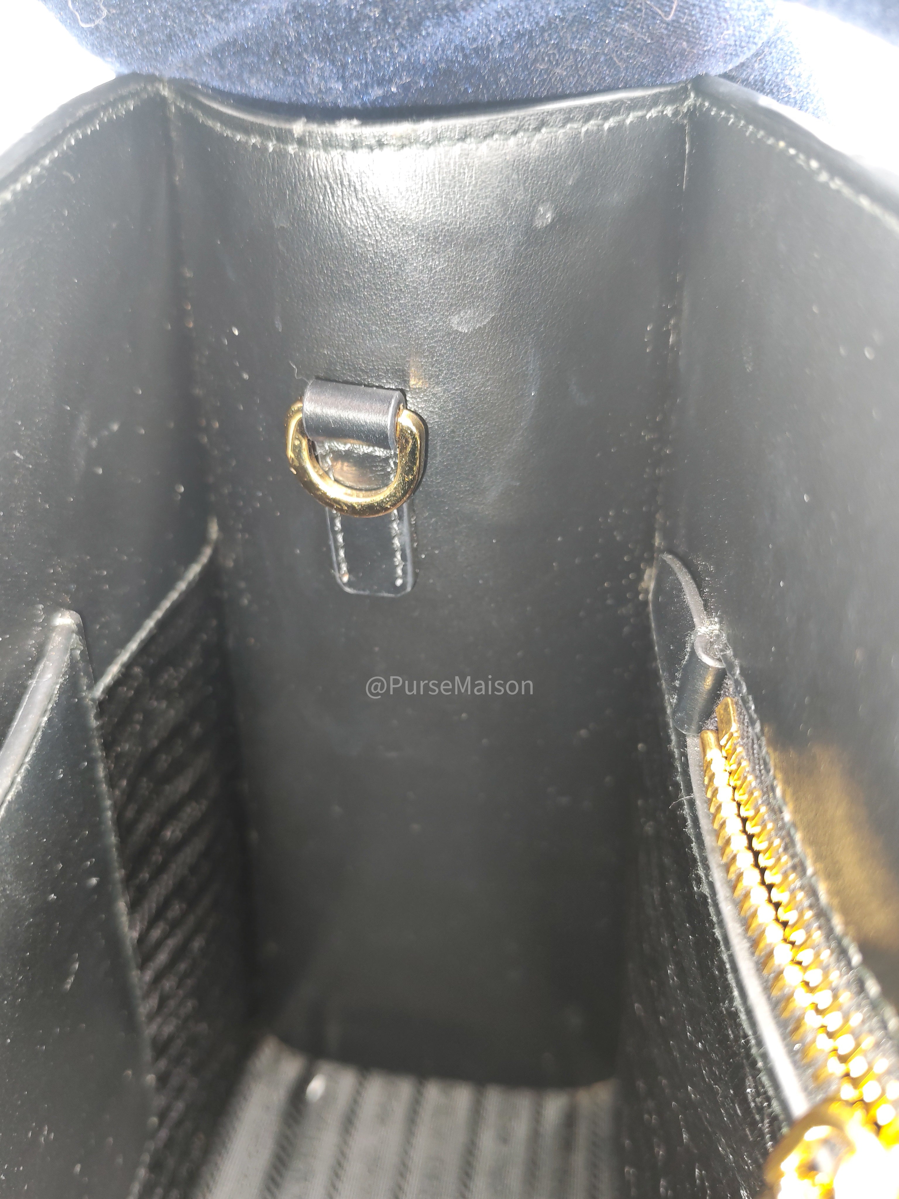 Prada Saffiano Lux Embossed Logo Medium Shoulder Tote Bag in Black Calfskin Leather and Gold Hardware