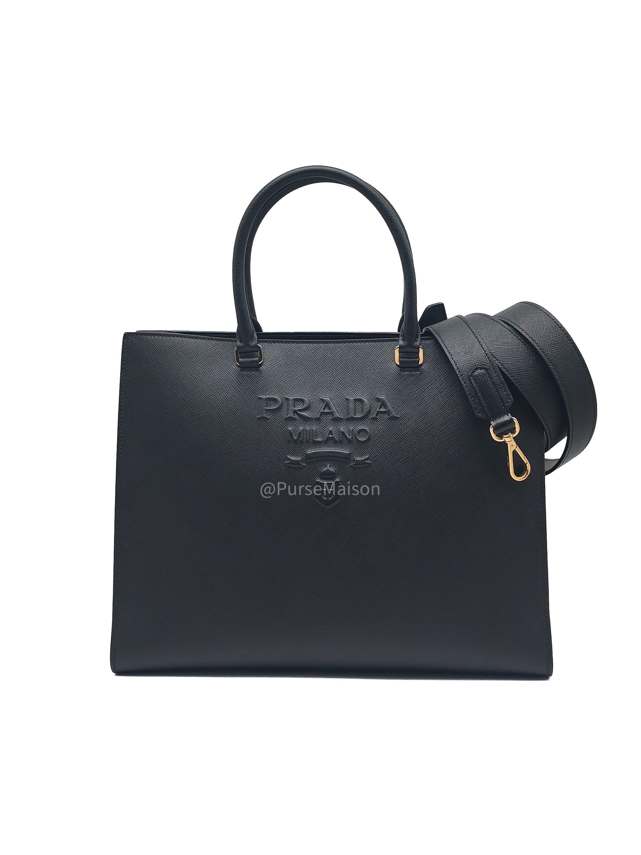 Prada Saffiano Lux Embossed Logo Medium Shoulder Tote Bag in Black Calfskin Leather and Gold Hardware