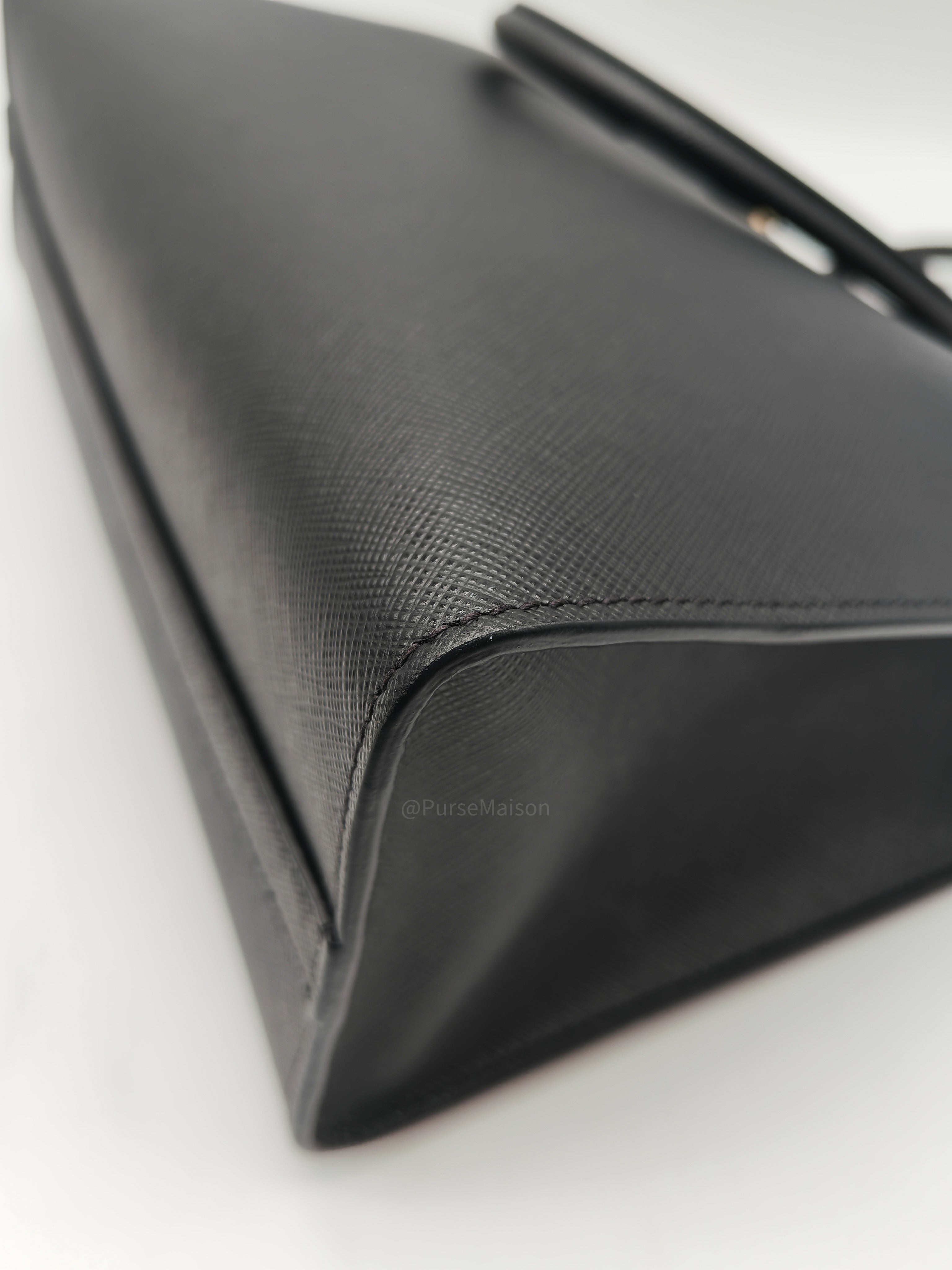 Prada Saffiano Lux Embossed Logo Medium Shoulder Tote Bag in Black Calfskin Leather and Gold Hardware