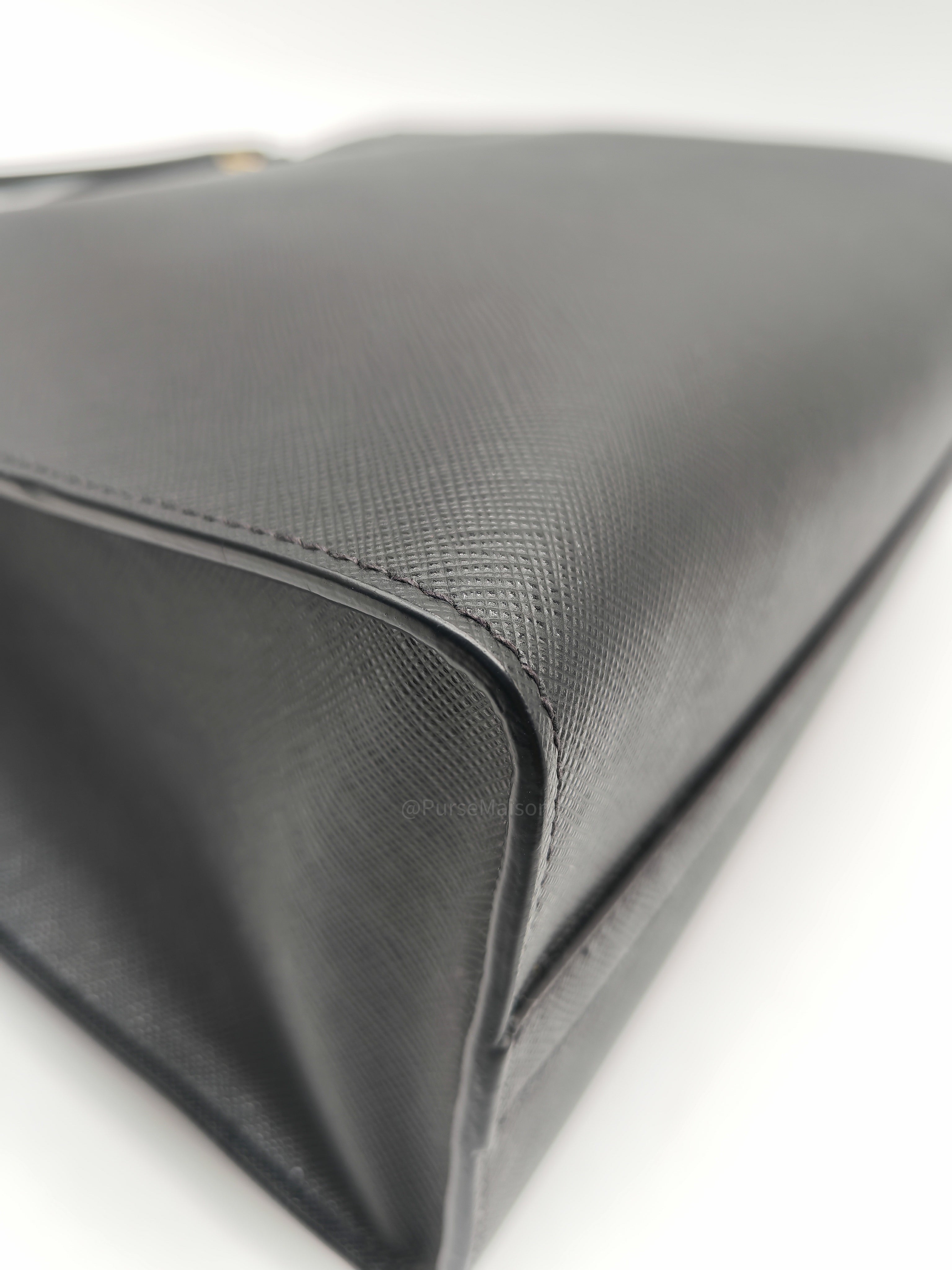 Prada Saffiano Lux Embossed Logo Medium Shoulder Tote Bag in Black Calfskin Leather and Gold Hardware