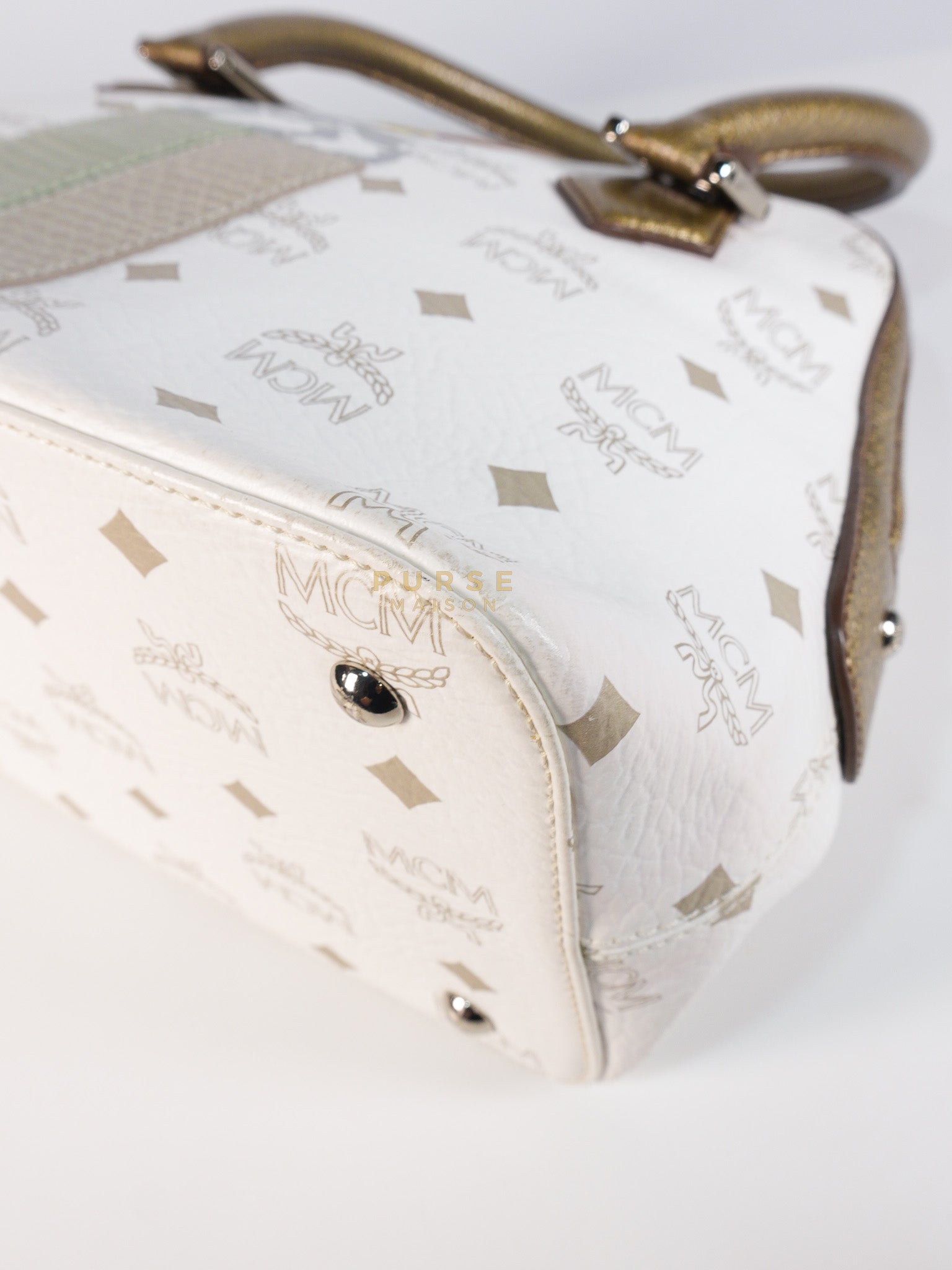 Princess Lion Boston Bag in White Coated Canvas & Leather | Purse Maison Luxury Bags Shop
