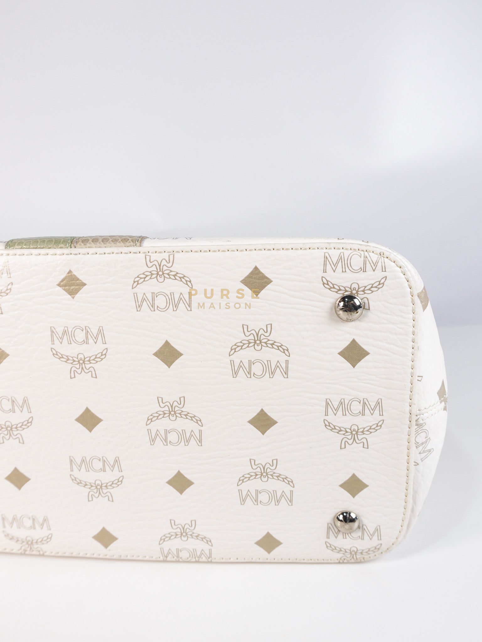 Princess Lion Boston Bag in White Coated Canvas & Leather | Purse Maison Luxury Bags Shop