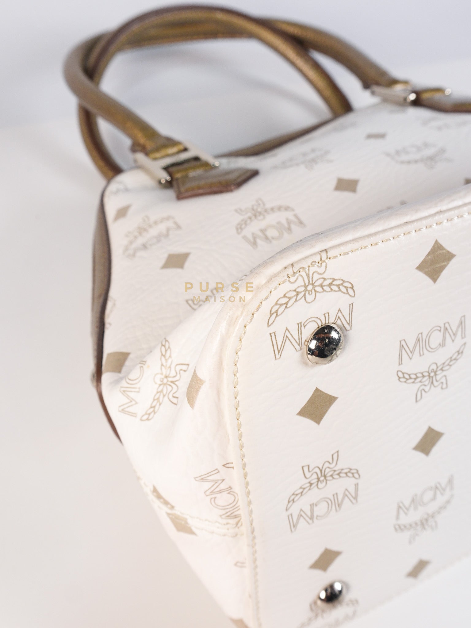Princess Lion Boston Bag in White Coated Canvas & Leather | Purse Maison Luxury Bags Shop