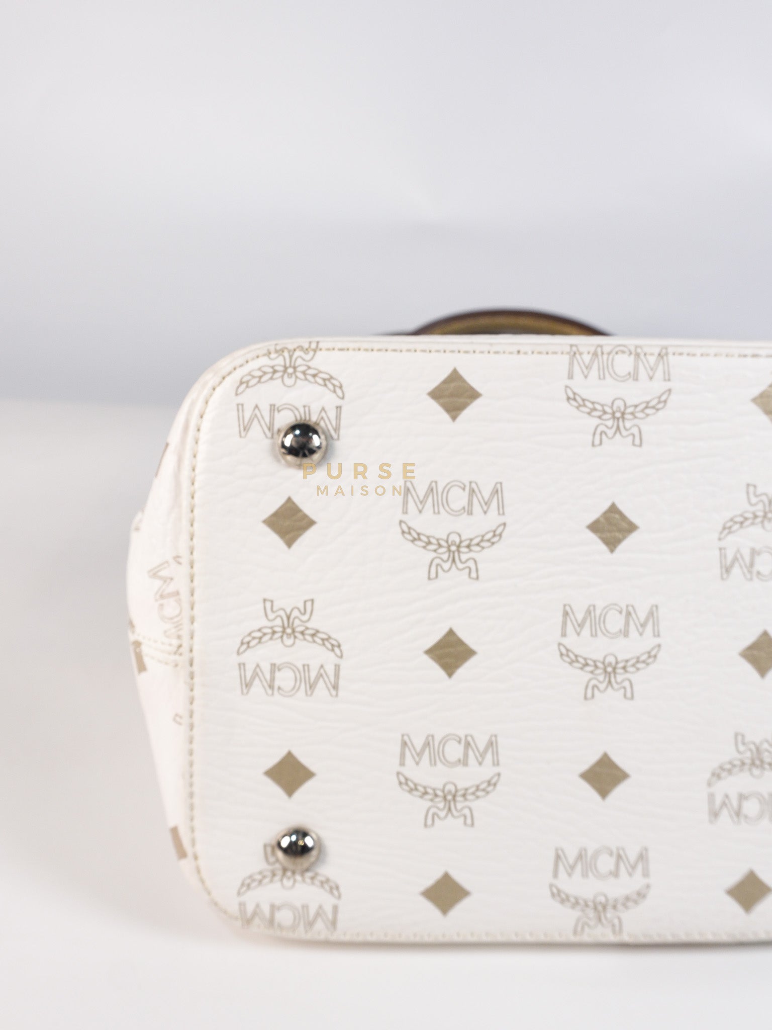 Princess Lion Boston Bag in White Coated Canvas & Leather | Purse Maison Luxury Bags Shop