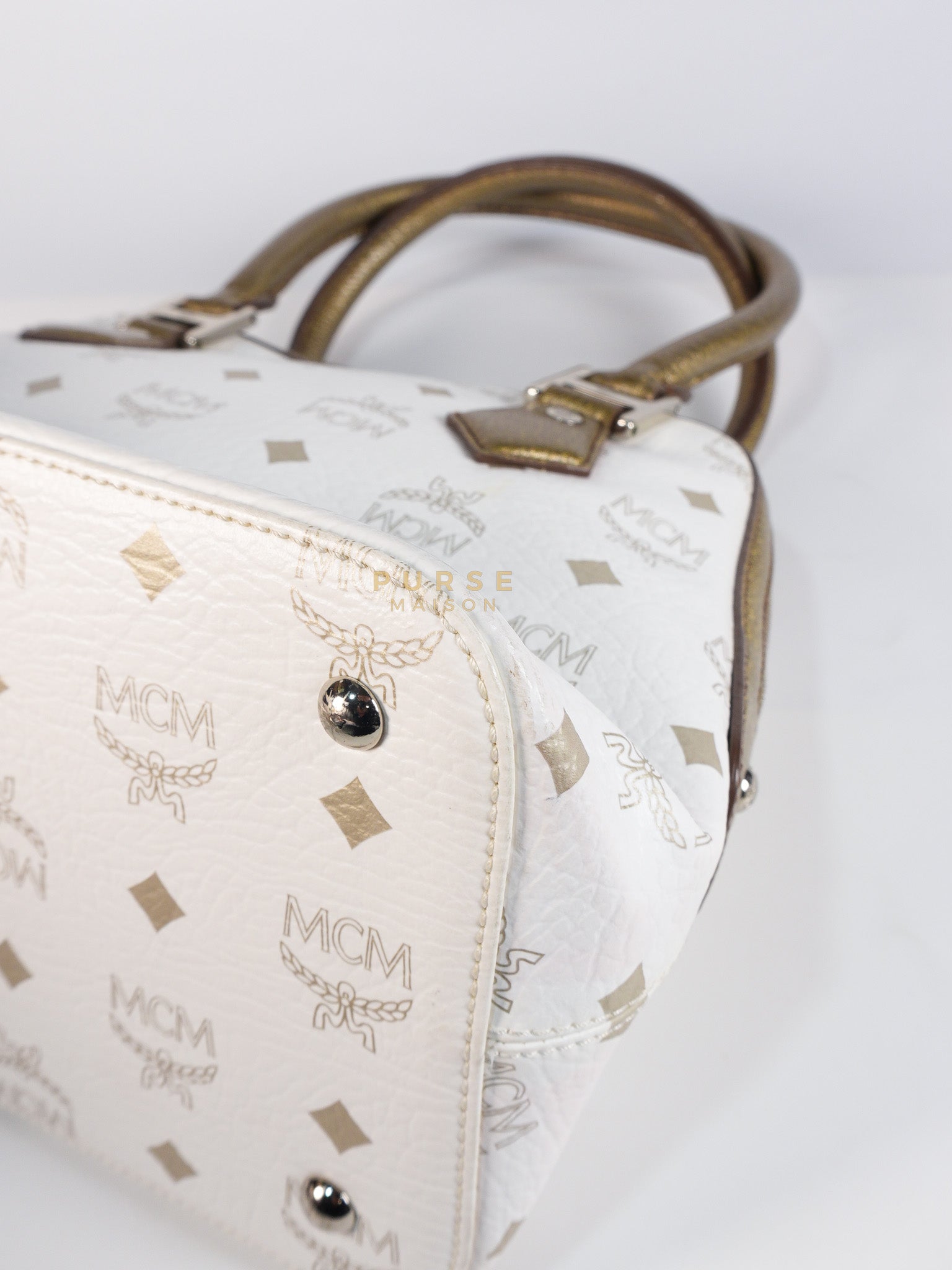 Princess Lion Boston Bag in White Coated Canvas & Leather | Purse Maison Luxury Bags Shop