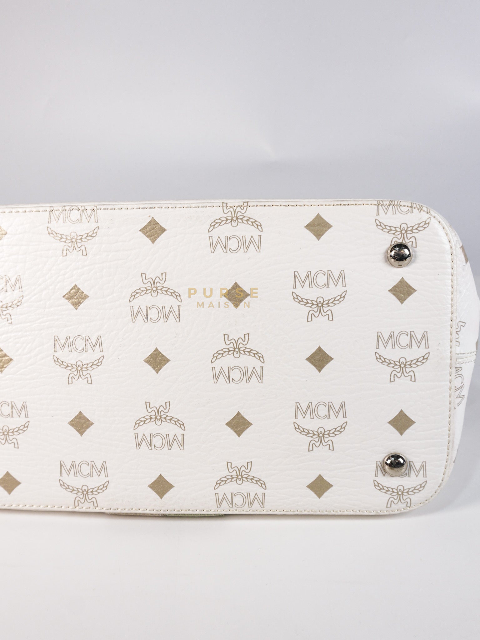 Princess Lion Boston Bag in White Coated Canvas & Leather | Purse Maison Luxury Bags Shop