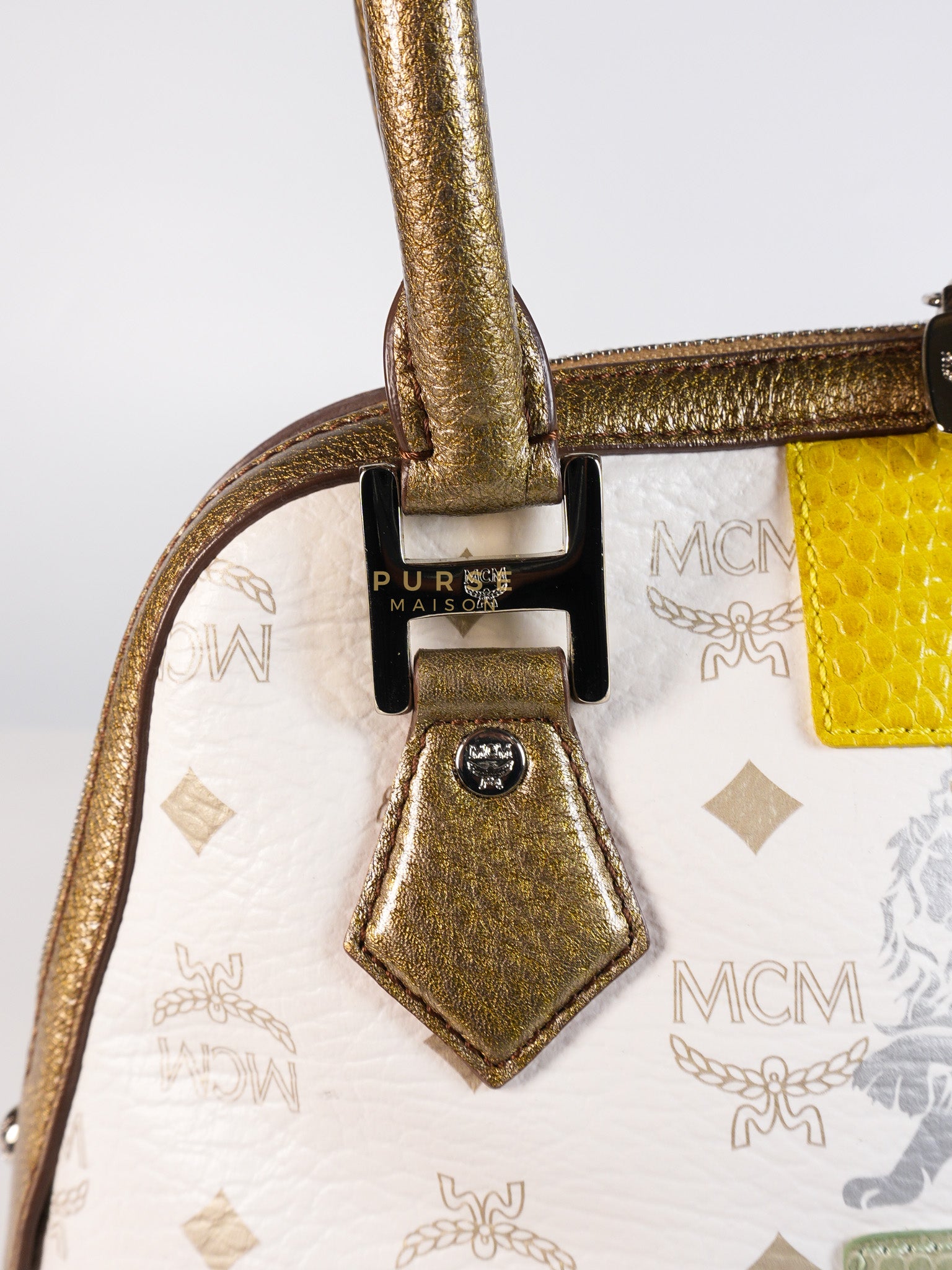 Princess Lion Boston Bag in White Coated Canvas & Leather | Purse Maison Luxury Bags Shop