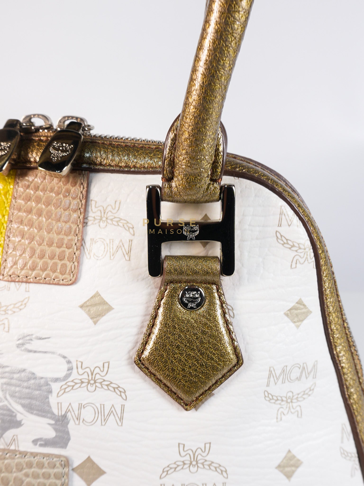 Princess Lion Boston Bag in White Coated Canvas & Leather | Purse Maison Luxury Bags Shop