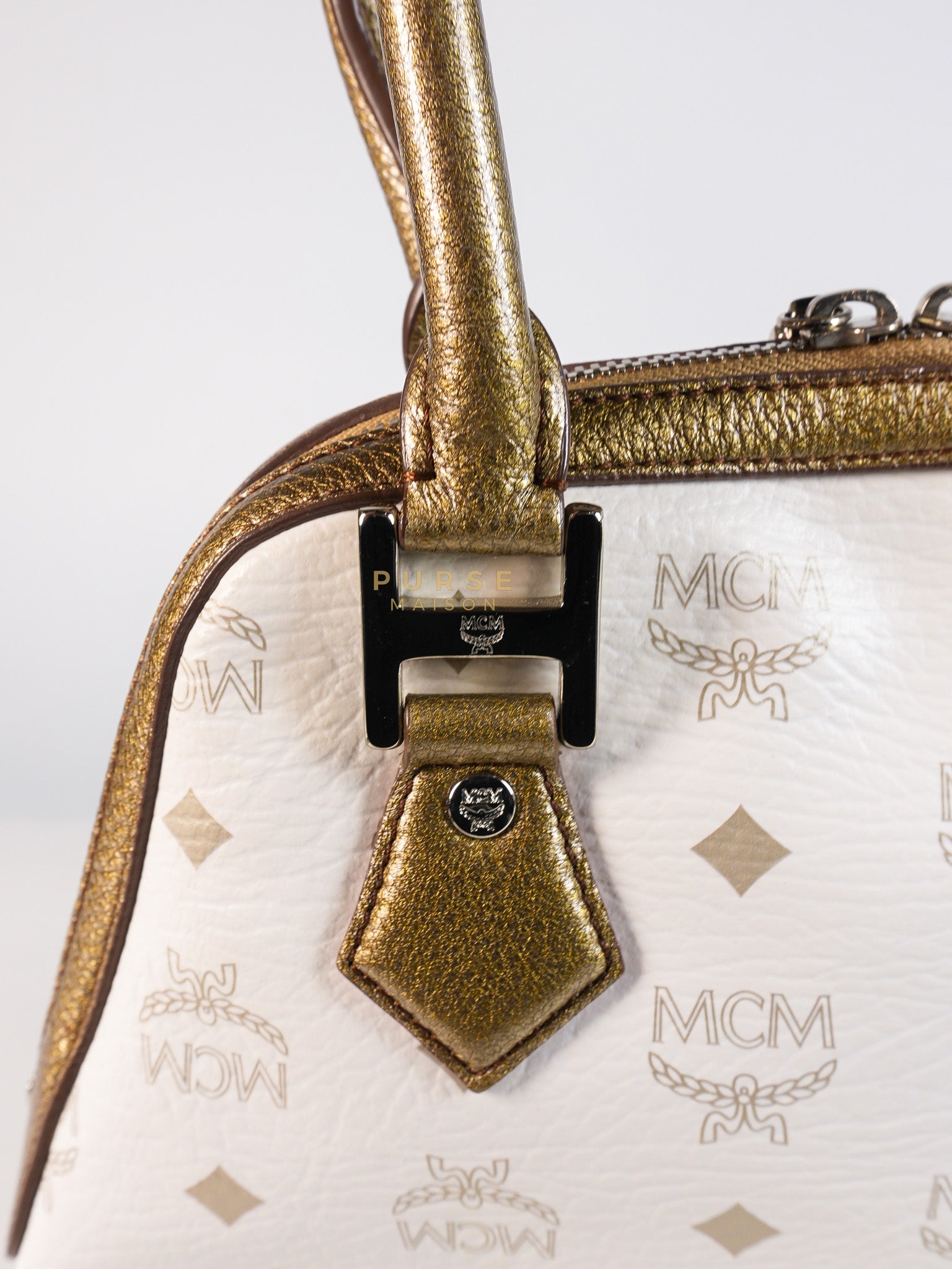 Princess Lion Boston Bag in White Coated Canvas & Leather | Purse Maison Luxury Bags Shop