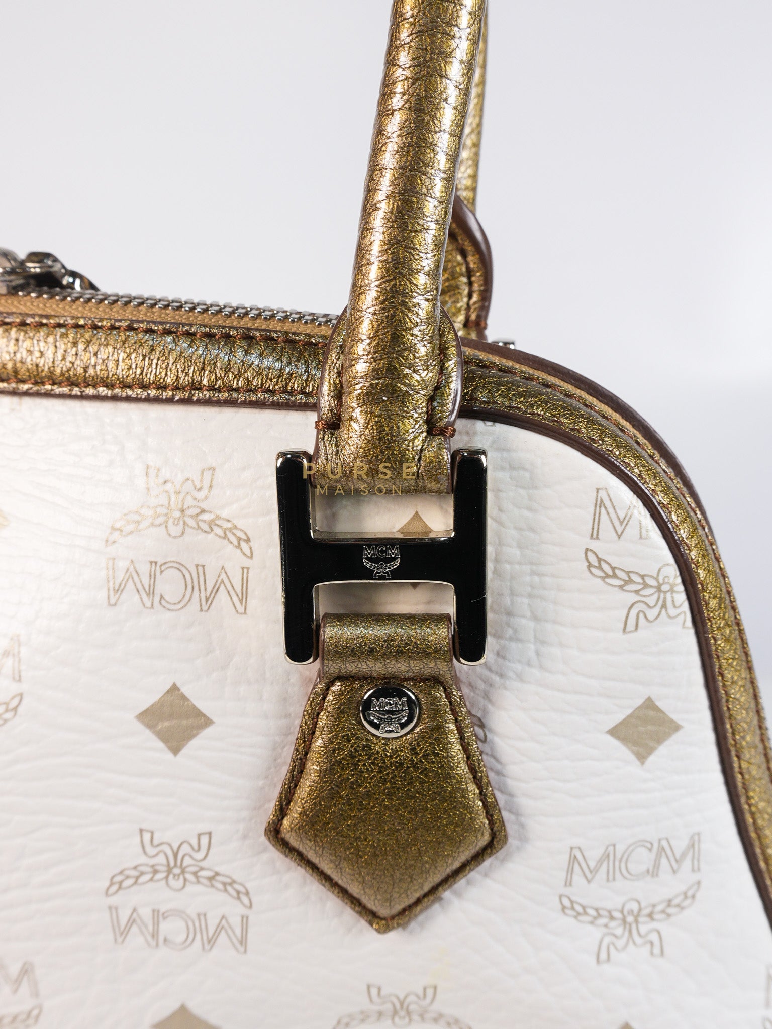 Princess Lion Boston Bag in White Coated Canvas & Leather | Purse Maison Luxury Bags Shop