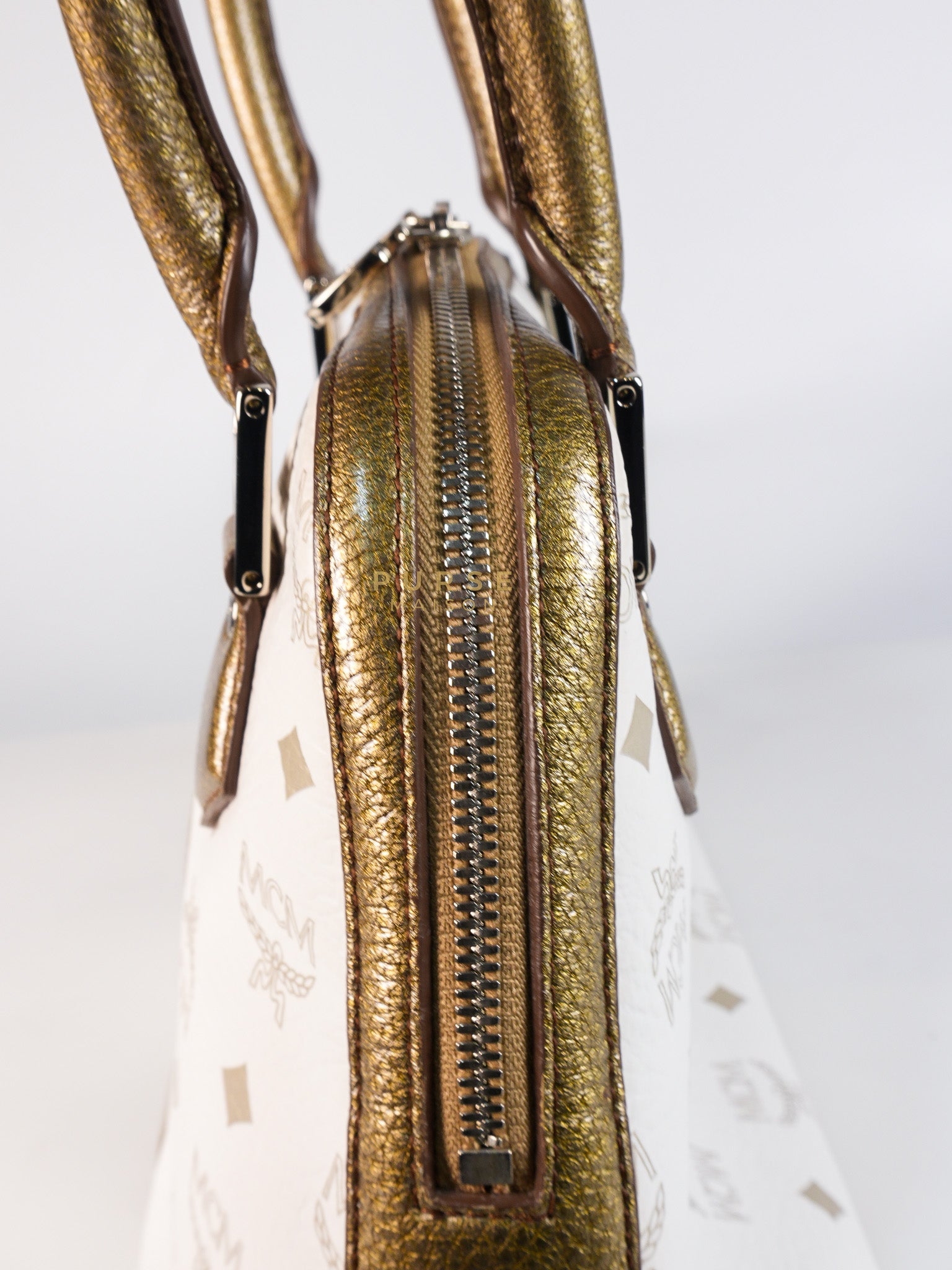 Princess Lion Boston Bag in White Coated Canvas & Leather | Purse Maison Luxury Bags Shop