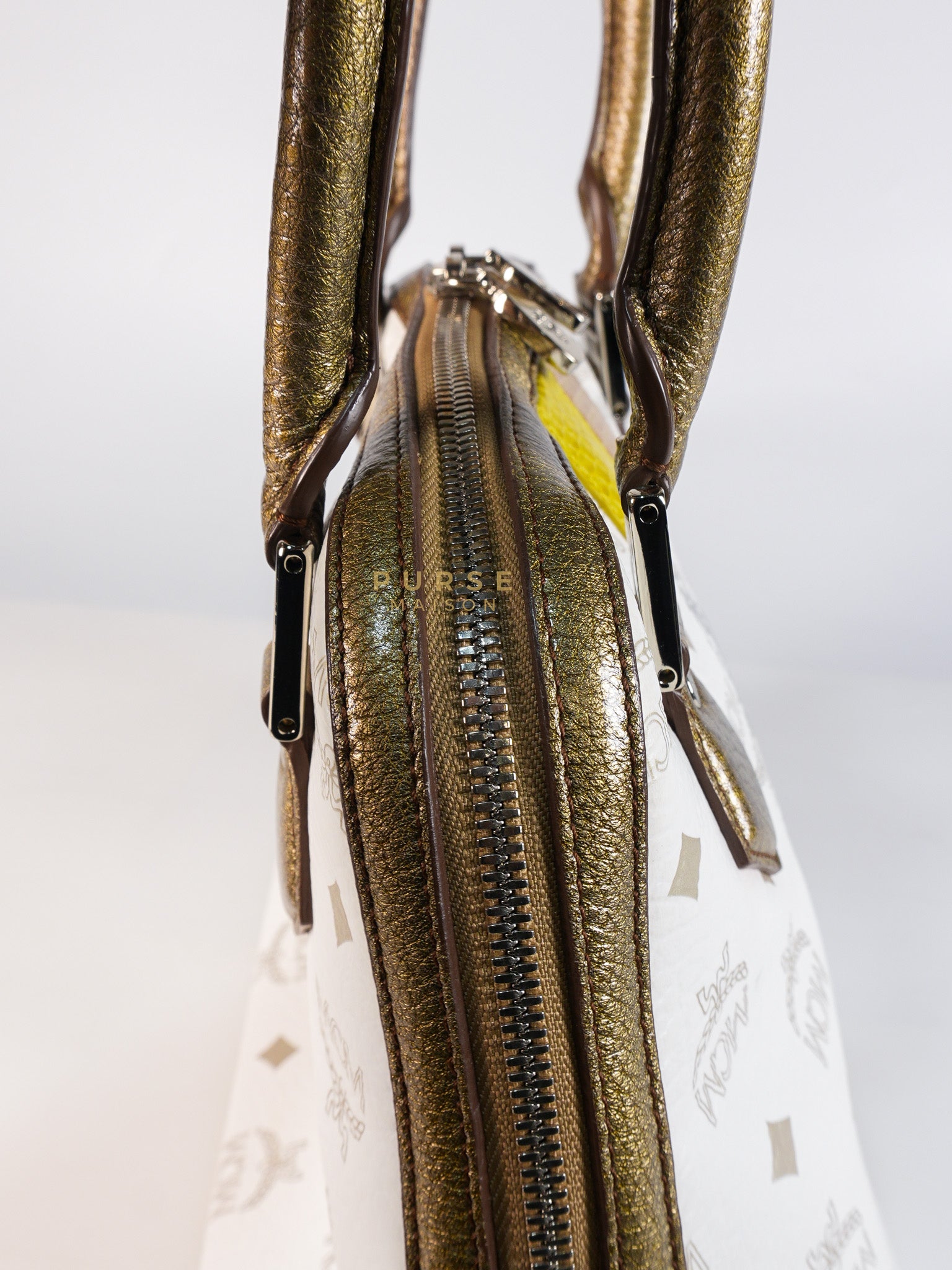 Princess Lion Boston Bag in White Coated Canvas & Leather | Purse Maison Luxury Bags Shop