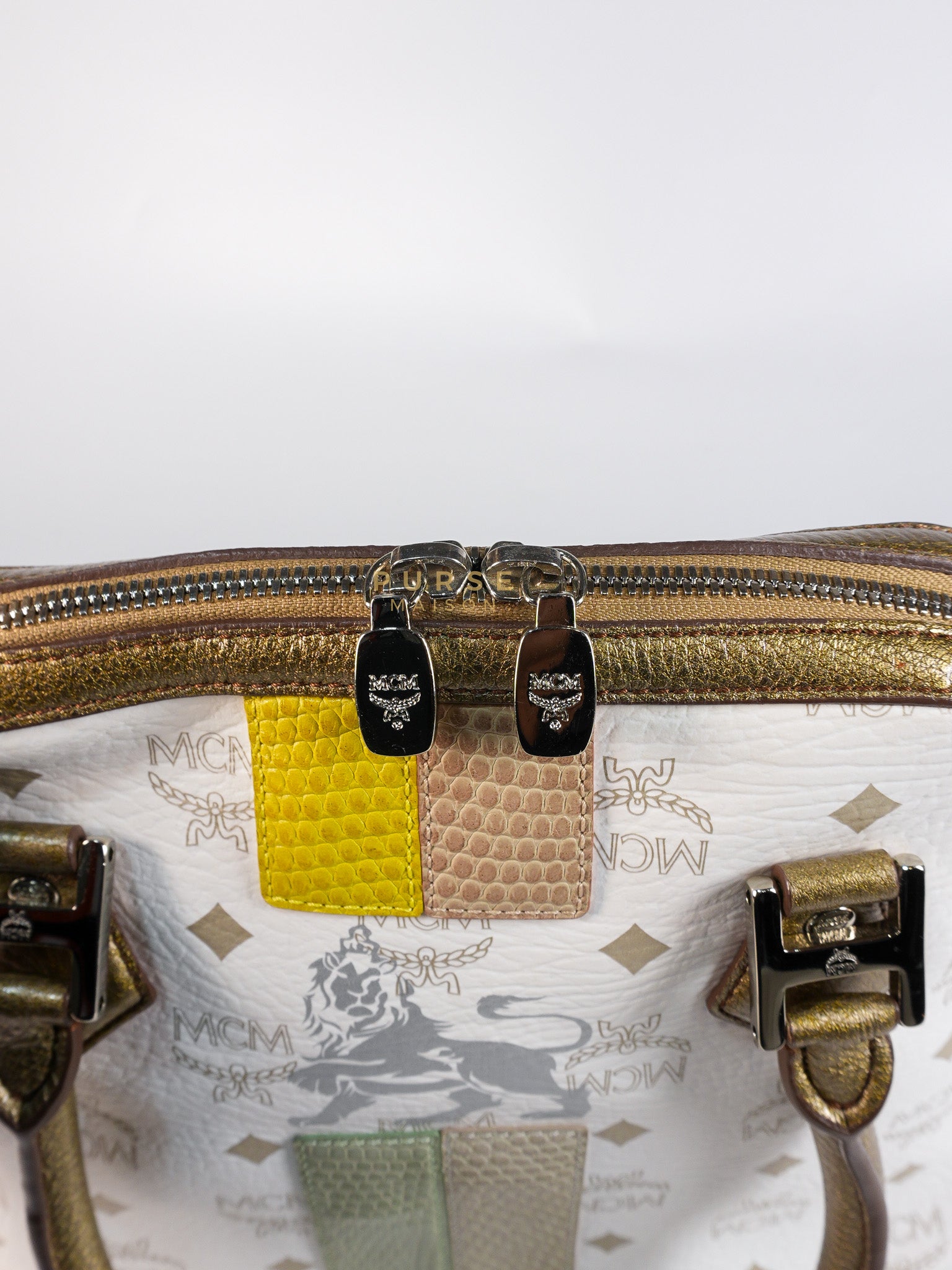 Princess Lion Boston Bag in White Coated Canvas & Leather | Purse Maison Luxury Bags Shop