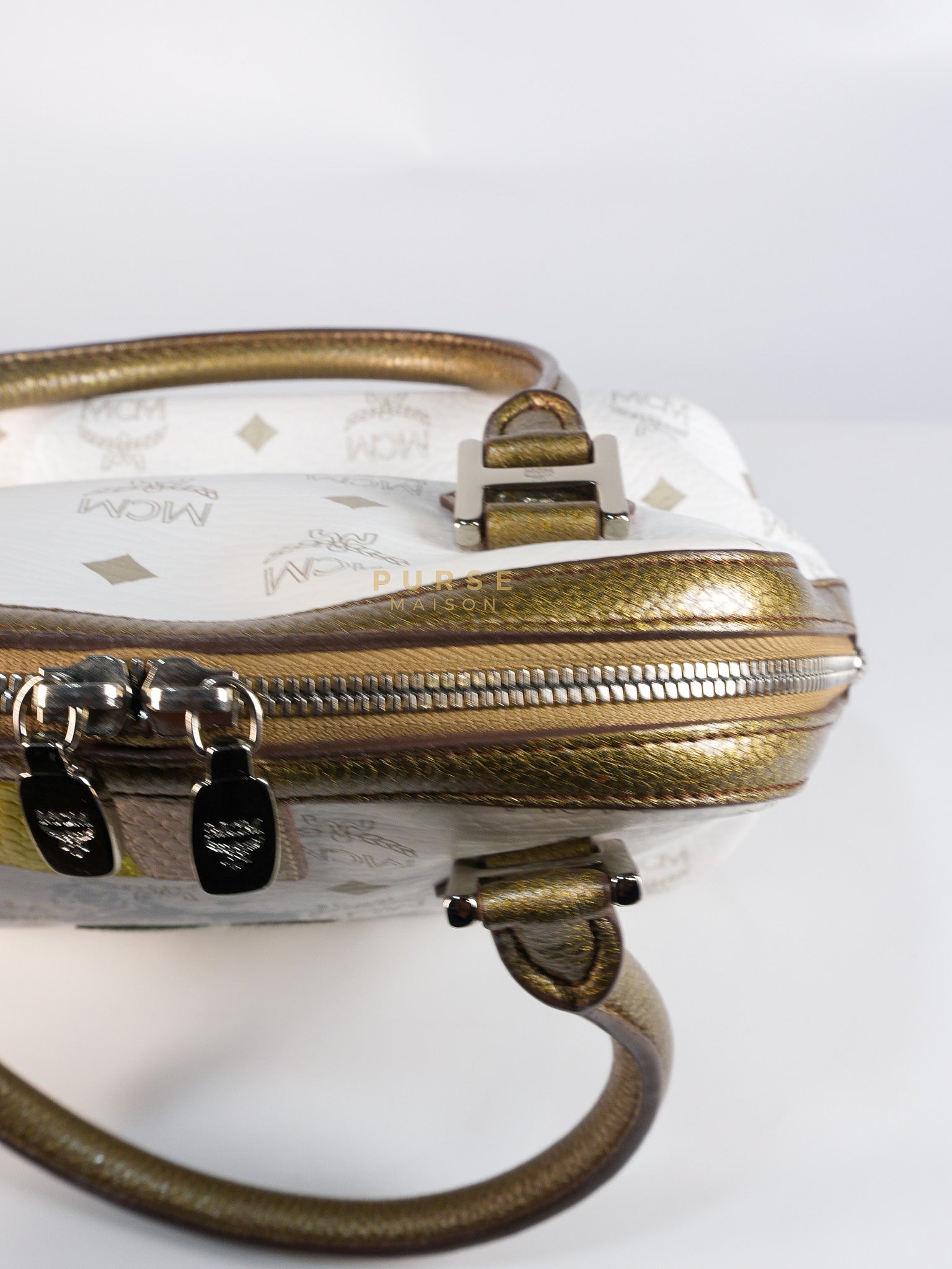 Princess Lion Boston Bag in White Coated Canvas & Leather | Purse Maison Luxury Bags Shop