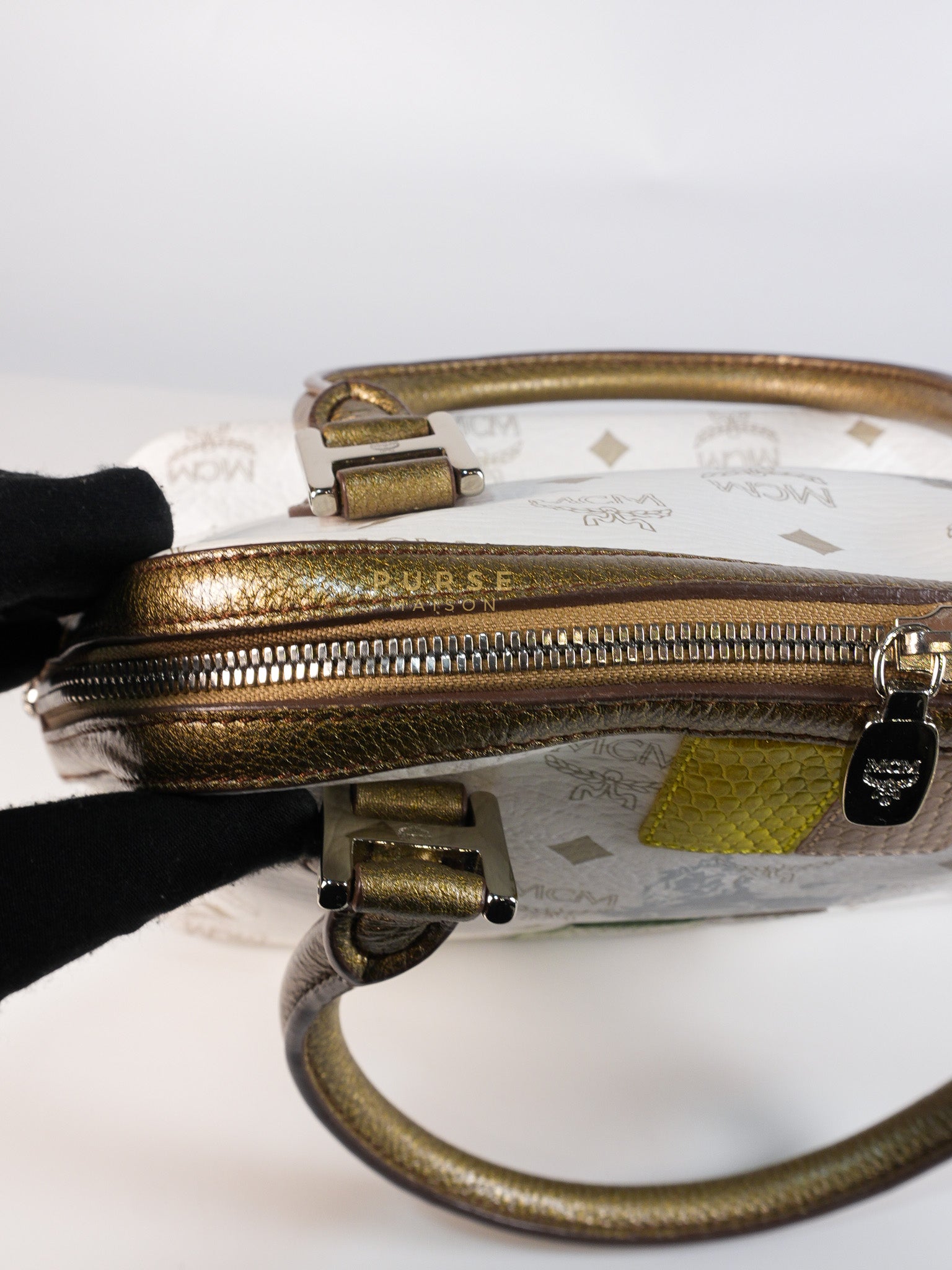 Princess Lion Boston Bag in White Coated Canvas & Leather | Purse Maison Luxury Bags Shop