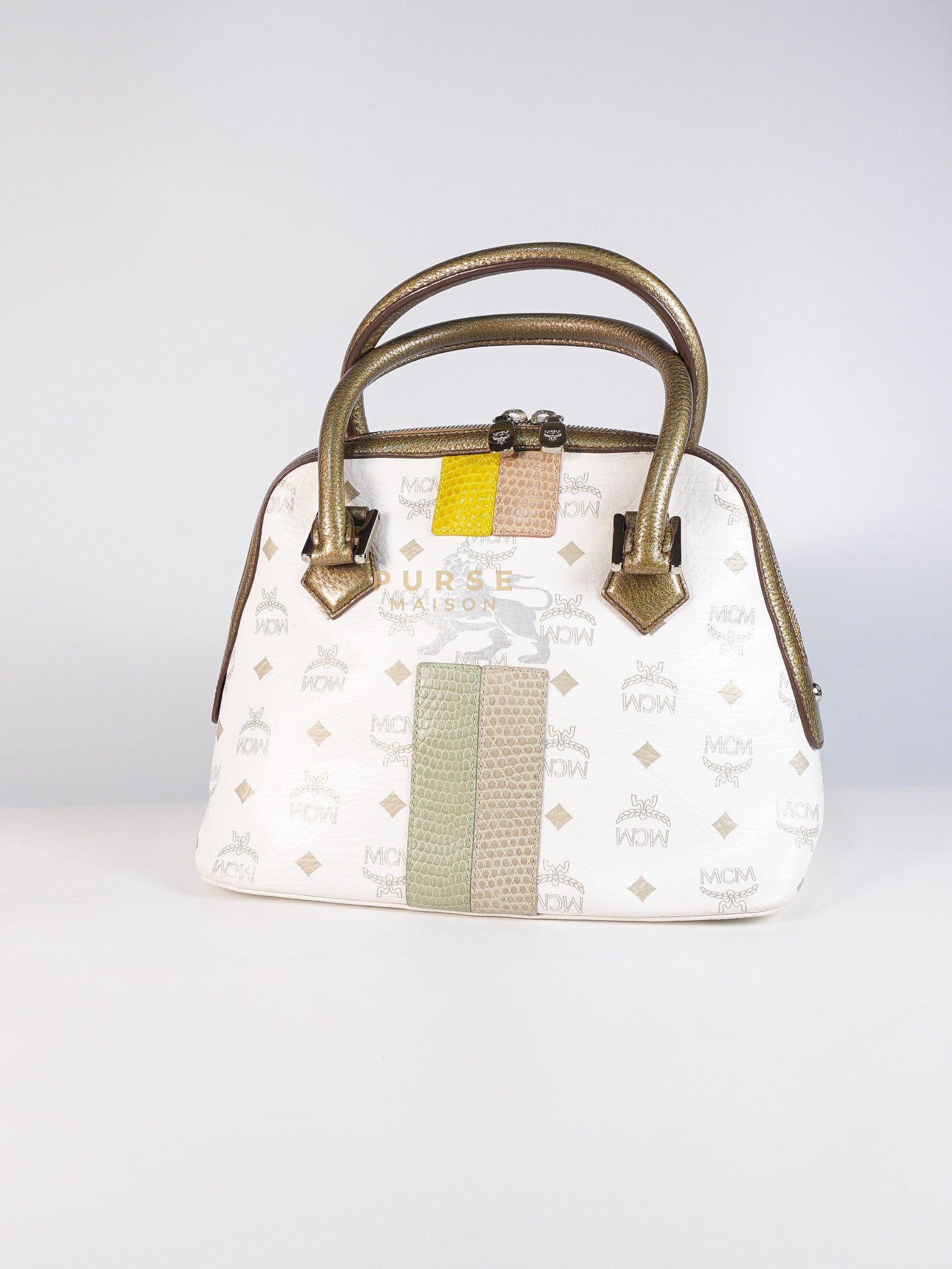 Princess Lion Boston Bag in White Coated Canvas & Leather | Purse Maison Luxury Bags Shop