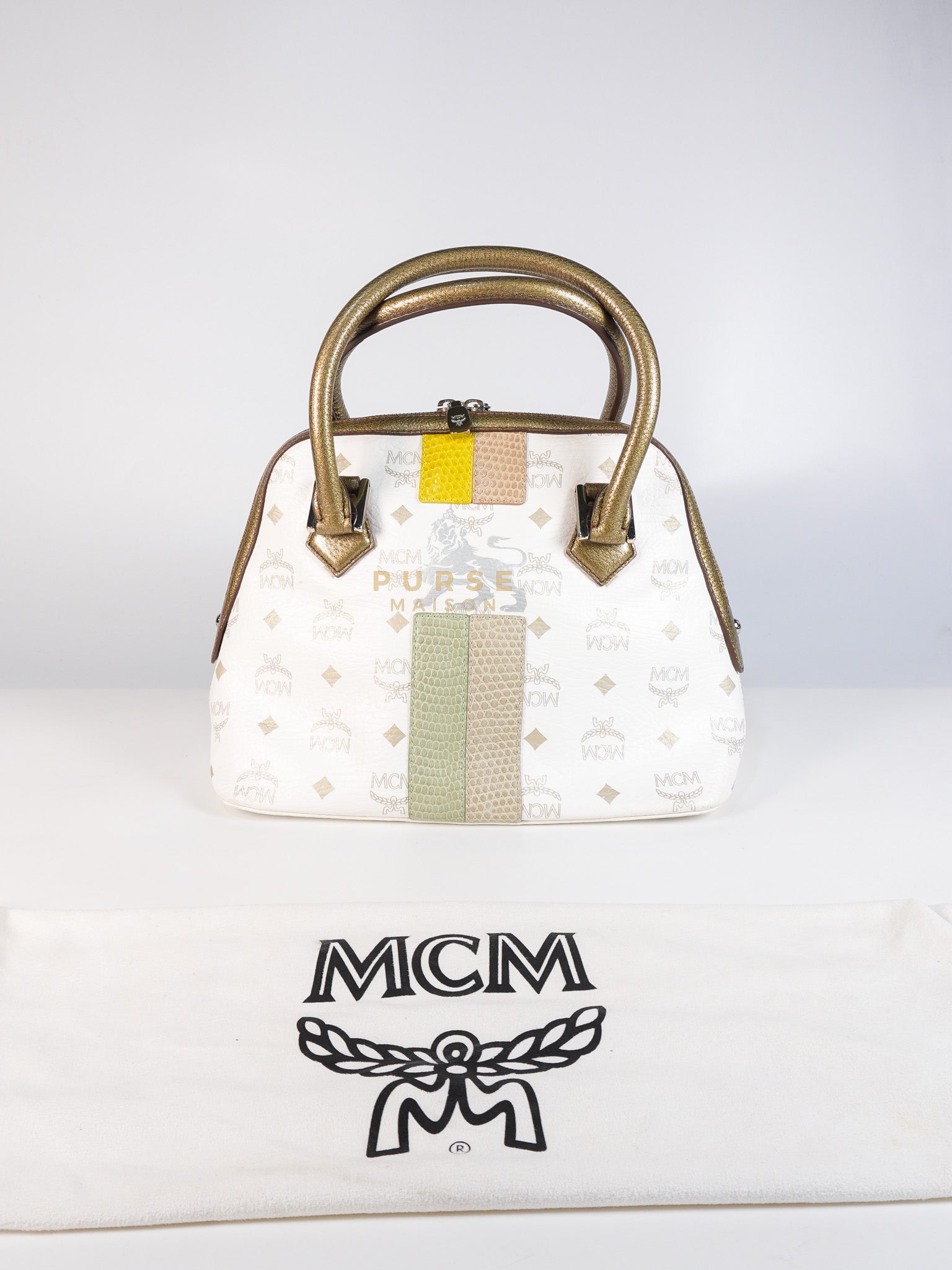 Princess Lion Boston Bag in White Coated Canvas & Leather | Purse Maison Luxury Bags Shop