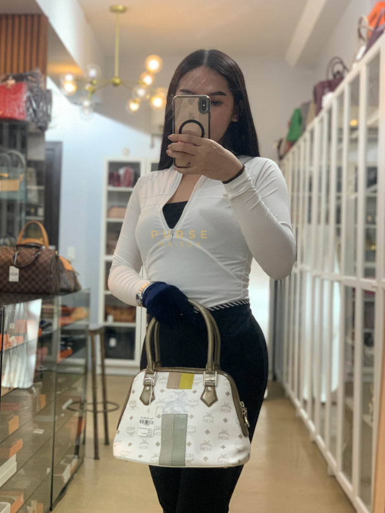 Princess Lion Boston Bag in White Coated Canvas & Leather | Purse Maison Luxury Bags Shop