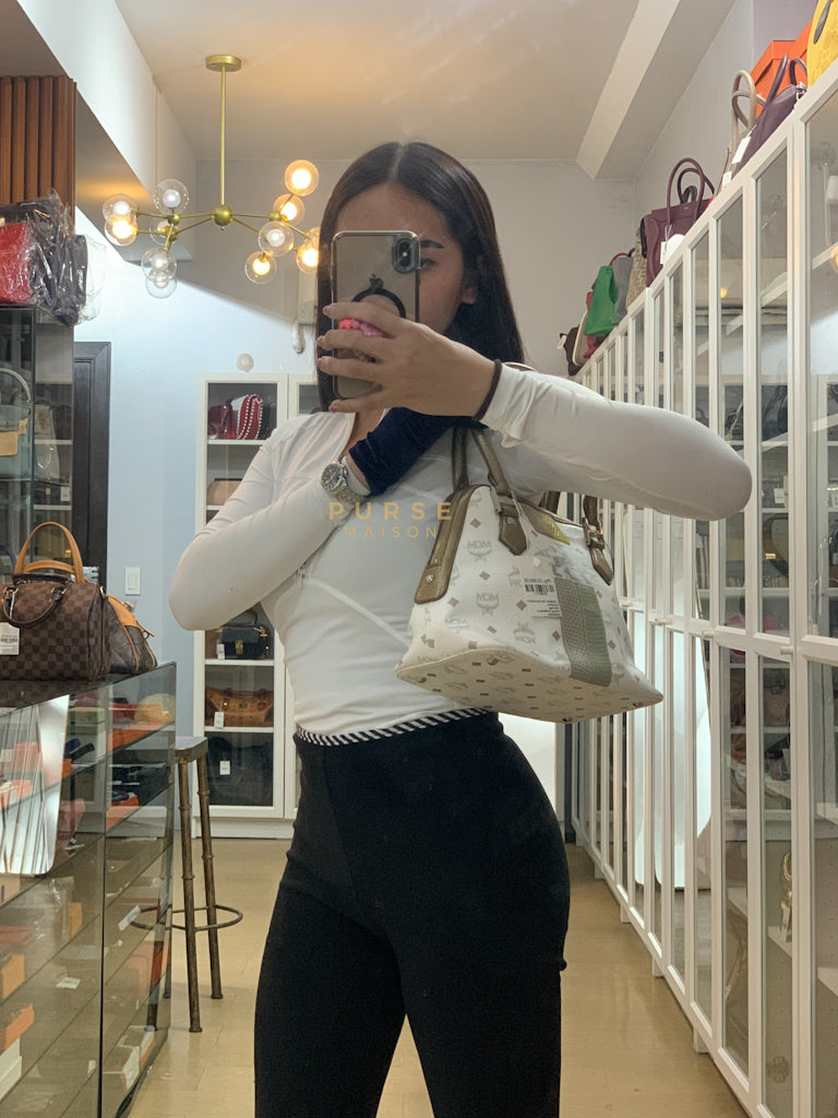 Princess Lion Boston Bag in White Coated Canvas & Leather | Purse Maison Luxury Bags Shop