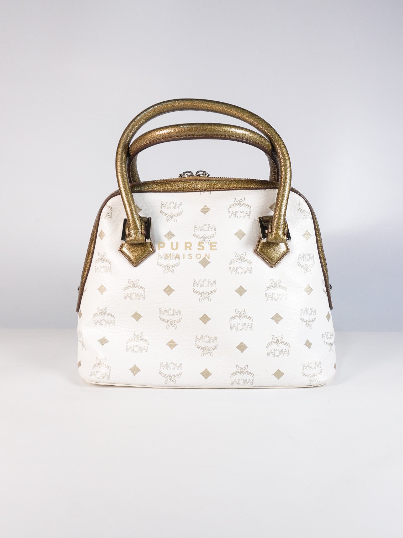 Princess Lion Boston Bag in White Coated Canvas & Leather | Purse Maison Luxury Bags Shop