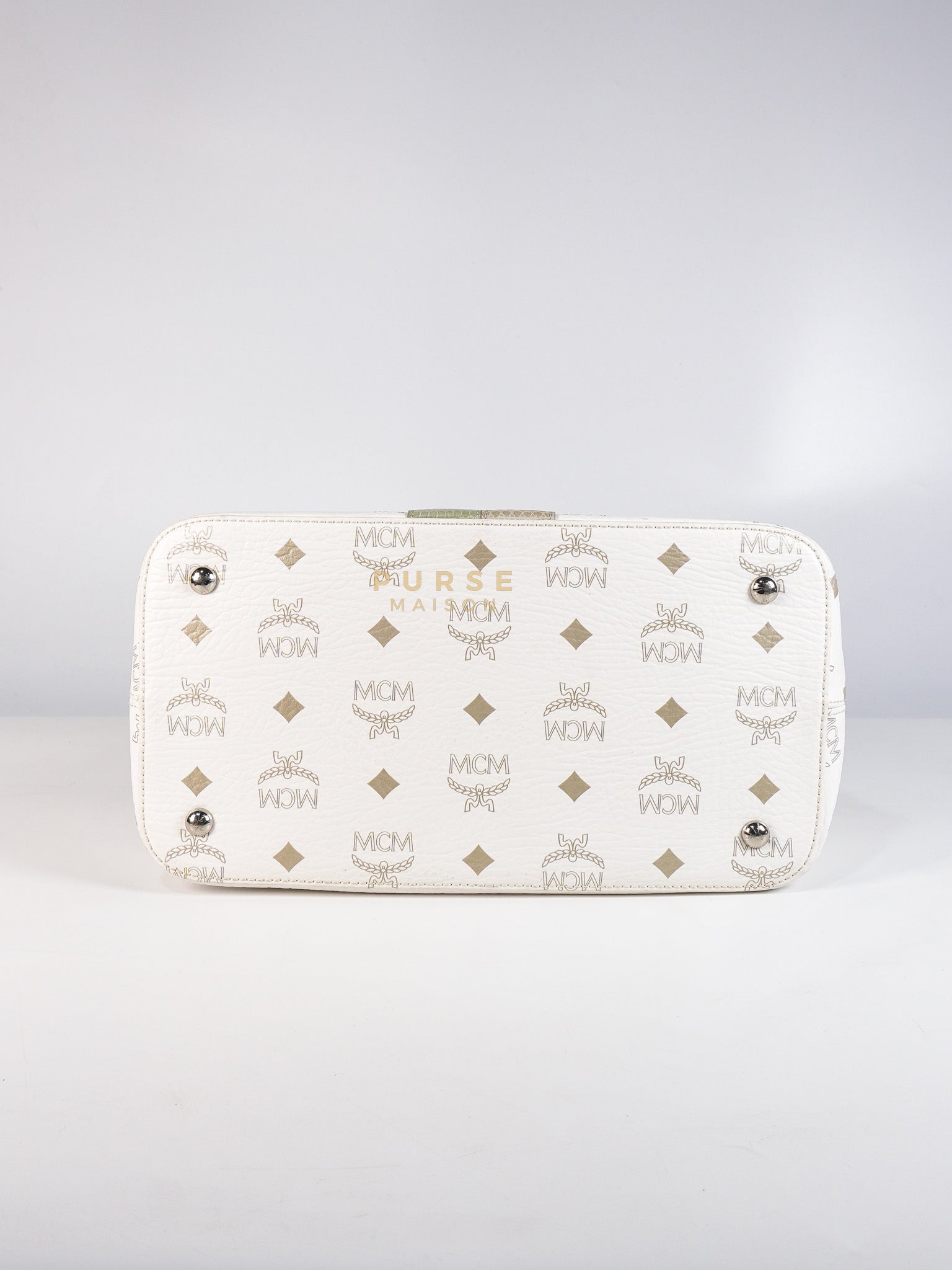 Princess Lion Boston Bag in White Coated Canvas & Leather | Purse Maison Luxury Bags Shop