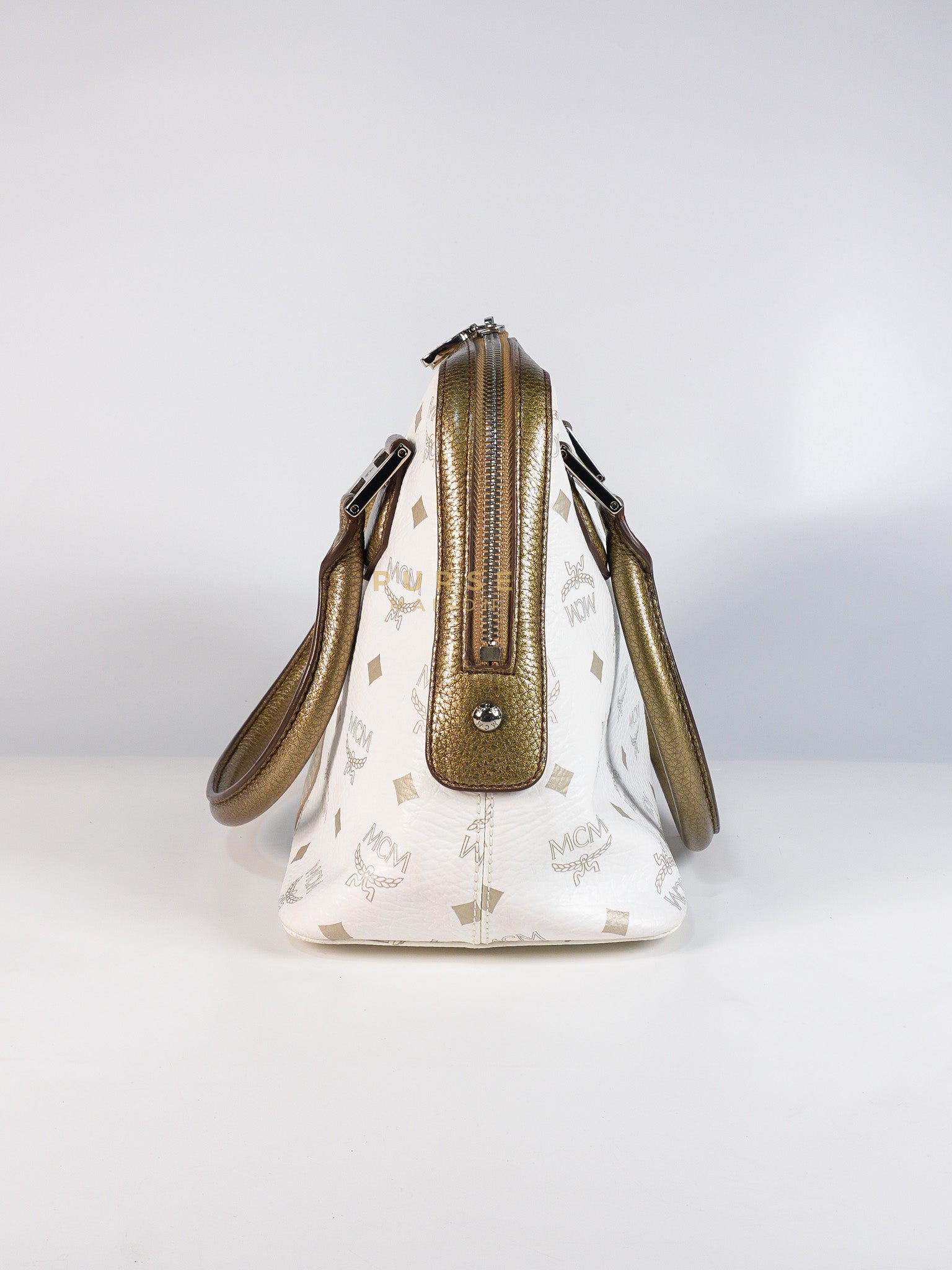 Princess Lion Boston Bag in White Coated Canvas & Leather | Purse Maison Luxury Bags Shop