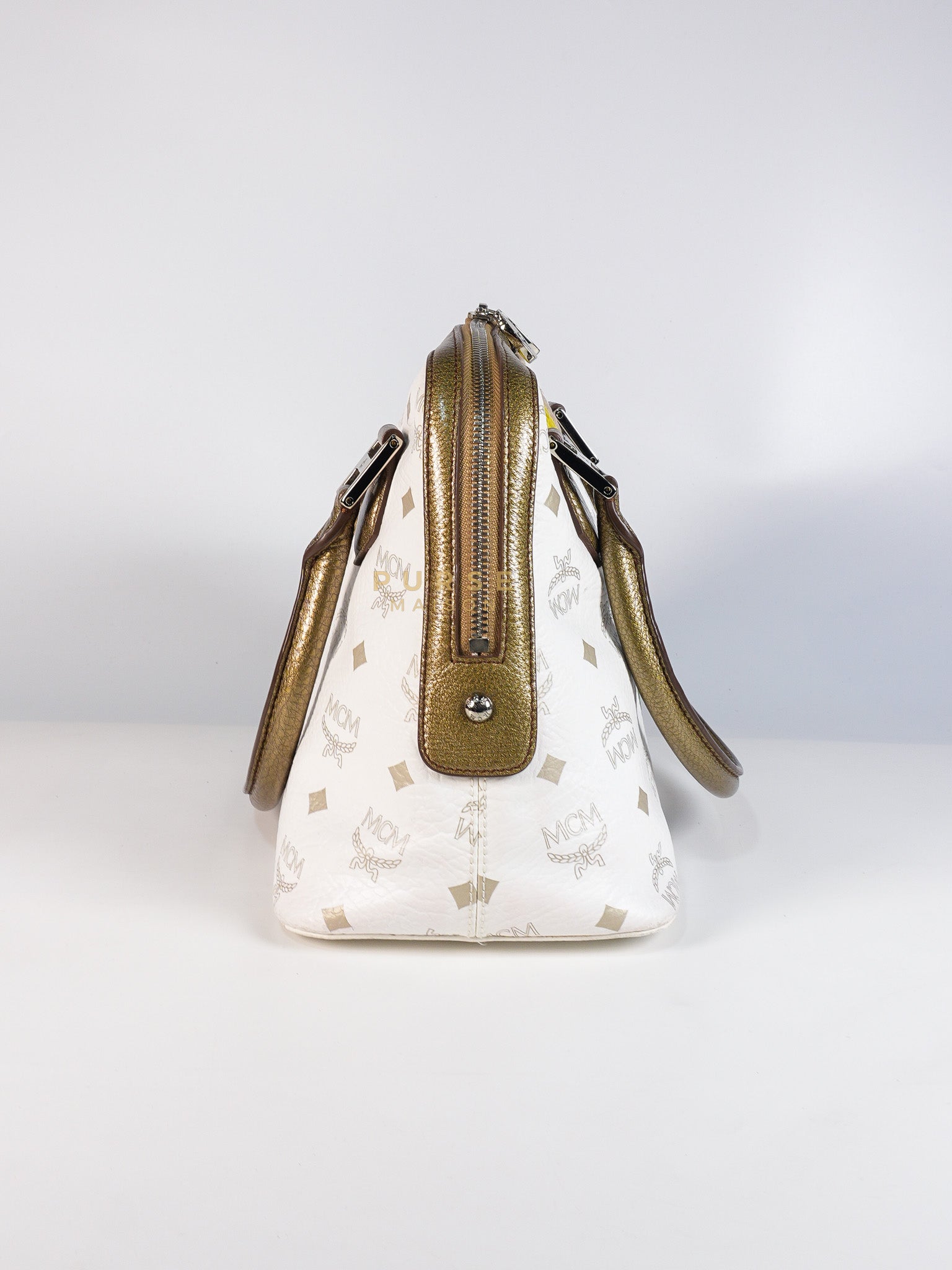 Princess Lion Boston Bag in White Coated Canvas & Leather | Purse Maison Luxury Bags Shop