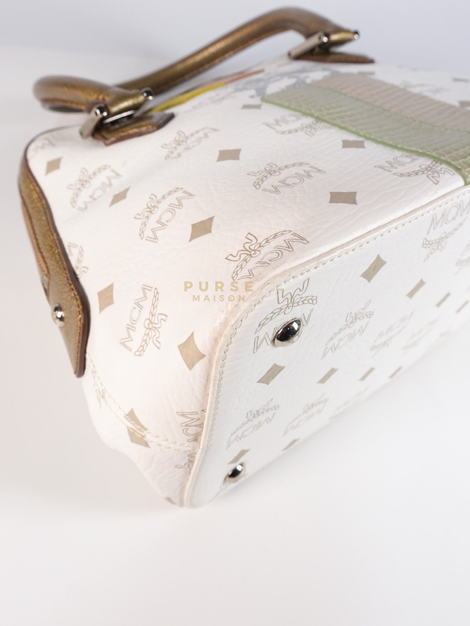 Princess Lion Boston Bag in White Coated Canvas & Leather | Purse Maison Luxury Bags Shop