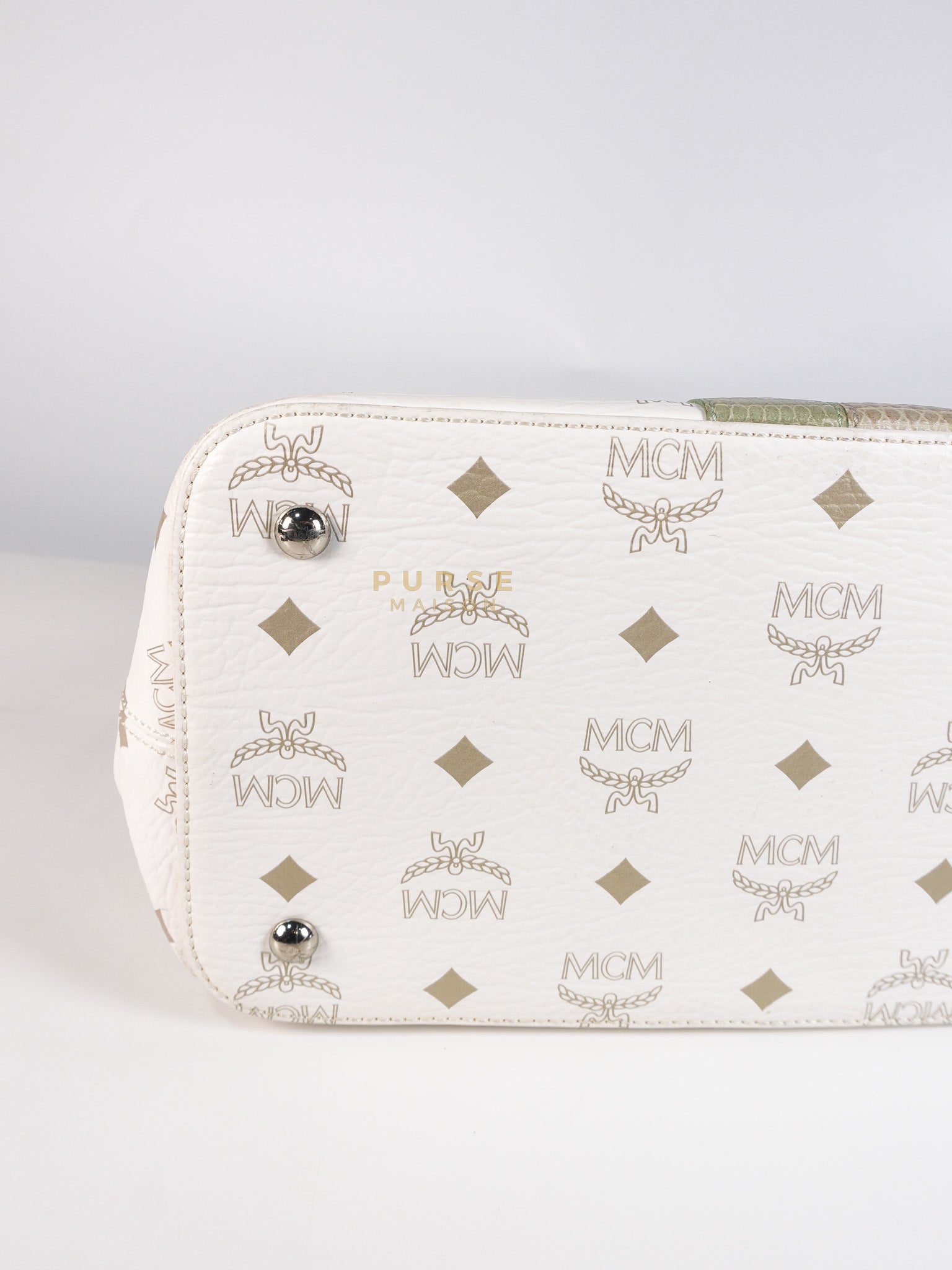 Princess Lion Boston Bag in White Coated Canvas & Leather | Purse Maison Luxury Bags Shop