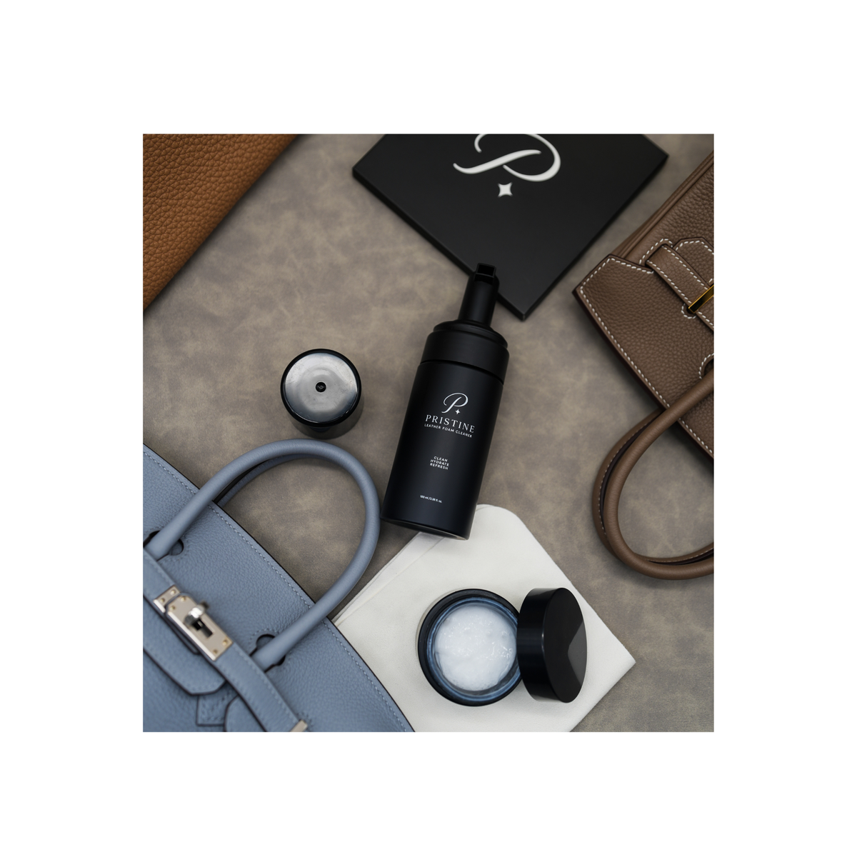 Pristine Leather Care System – Foam Cleaner 100ml, Care Lotion 50g & Cloth | Purse Maison Luxury Bags Shop