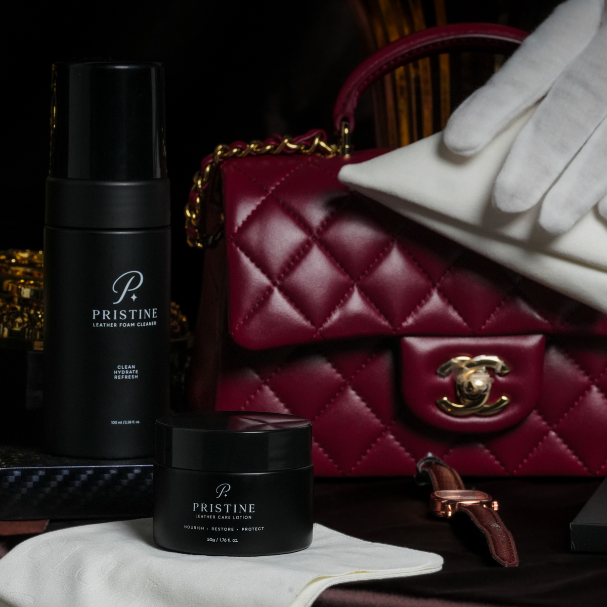 Pristine Leather Care System – Foam Cleaner 100ml, Care Lotion 50g & Cloth | Purse Maison Luxury Bags Shop