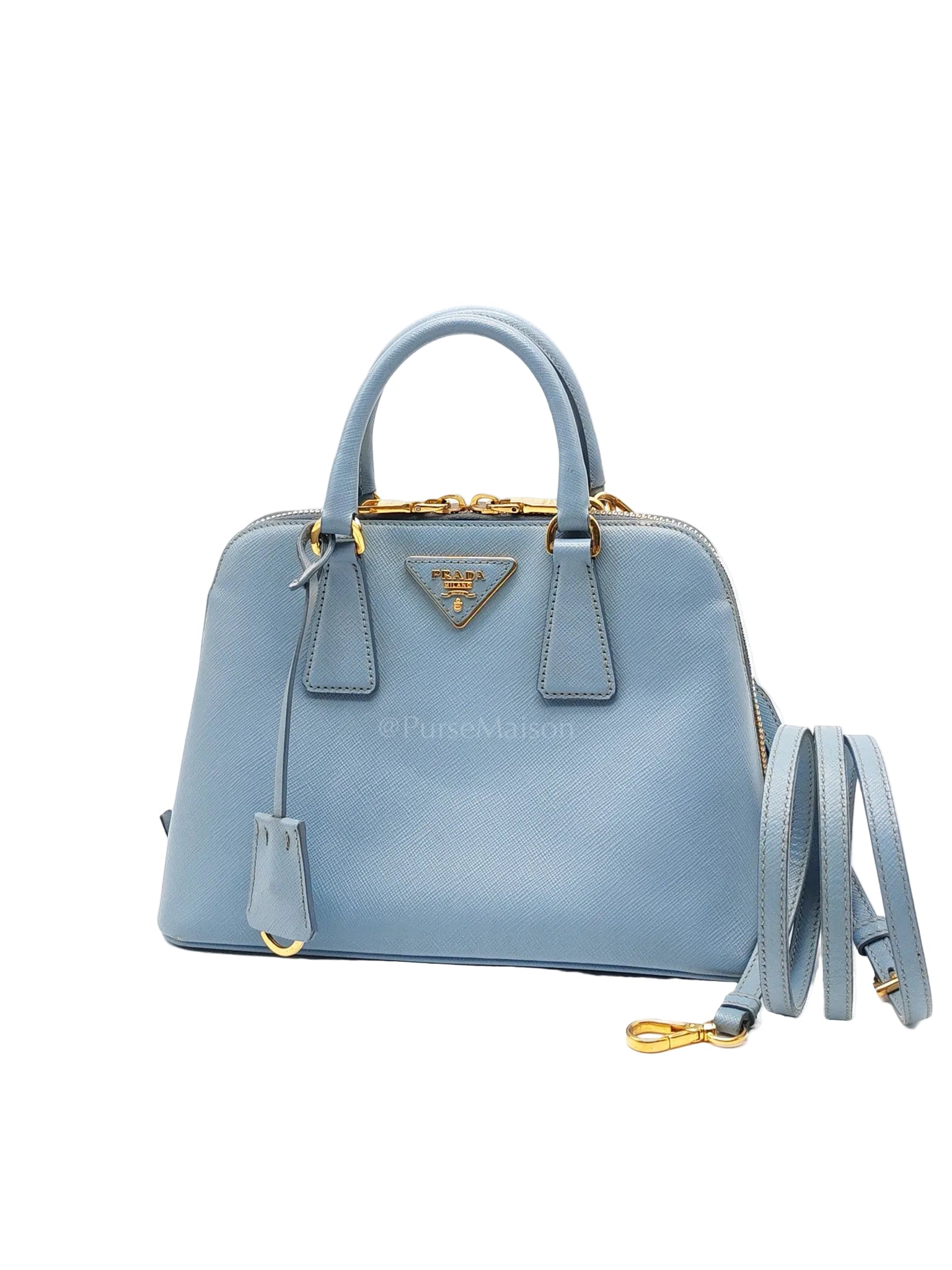 Promenade Small Bag in Light Blue Saffiano Lux Leather & Gold Hardware | Purse Maison Luxury Bags Shop