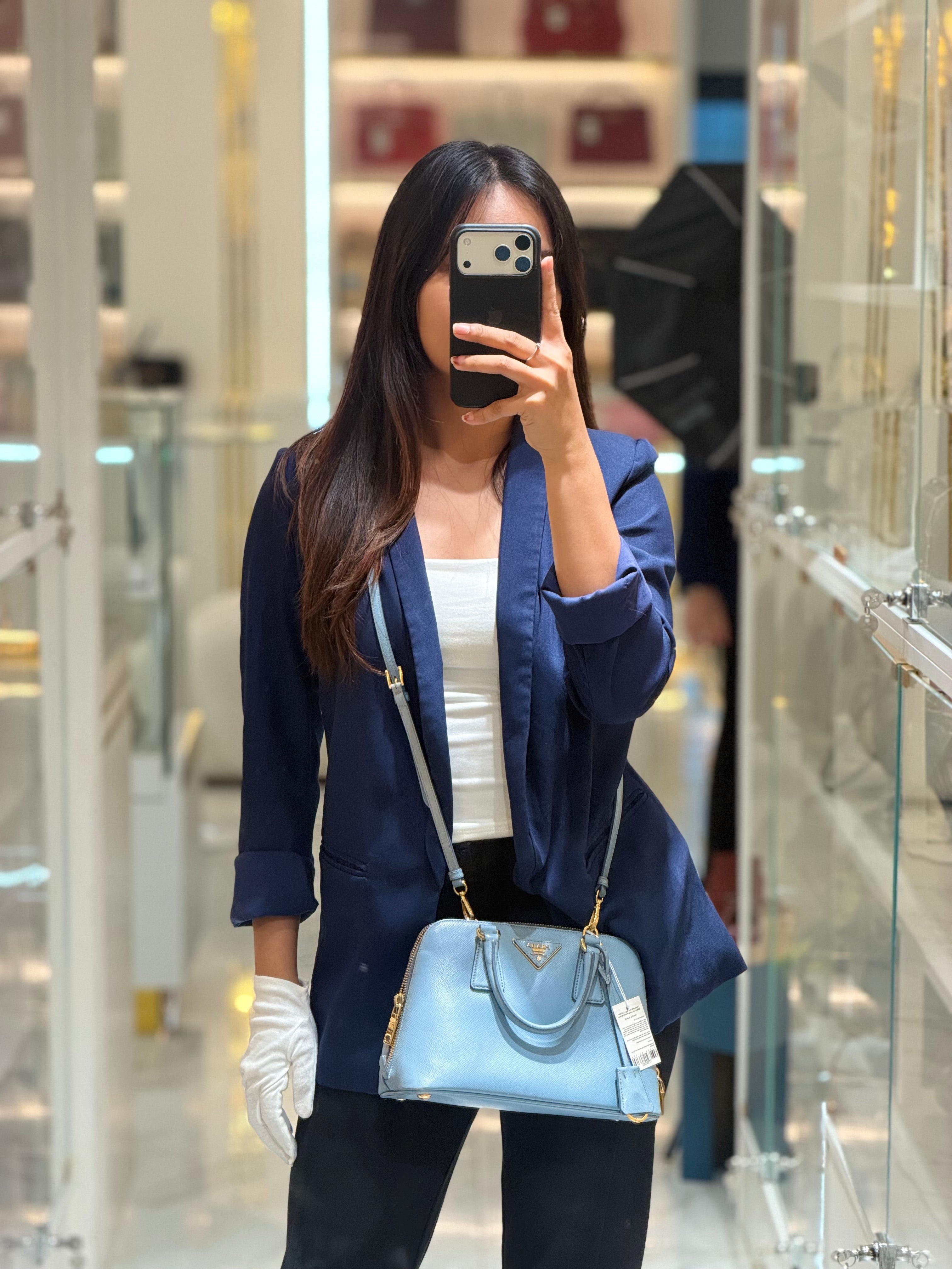 Promenade Small Bag in Light Blue Saffiano Lux Leather & Gold Hardware | Purse Maison Luxury Bags Shop