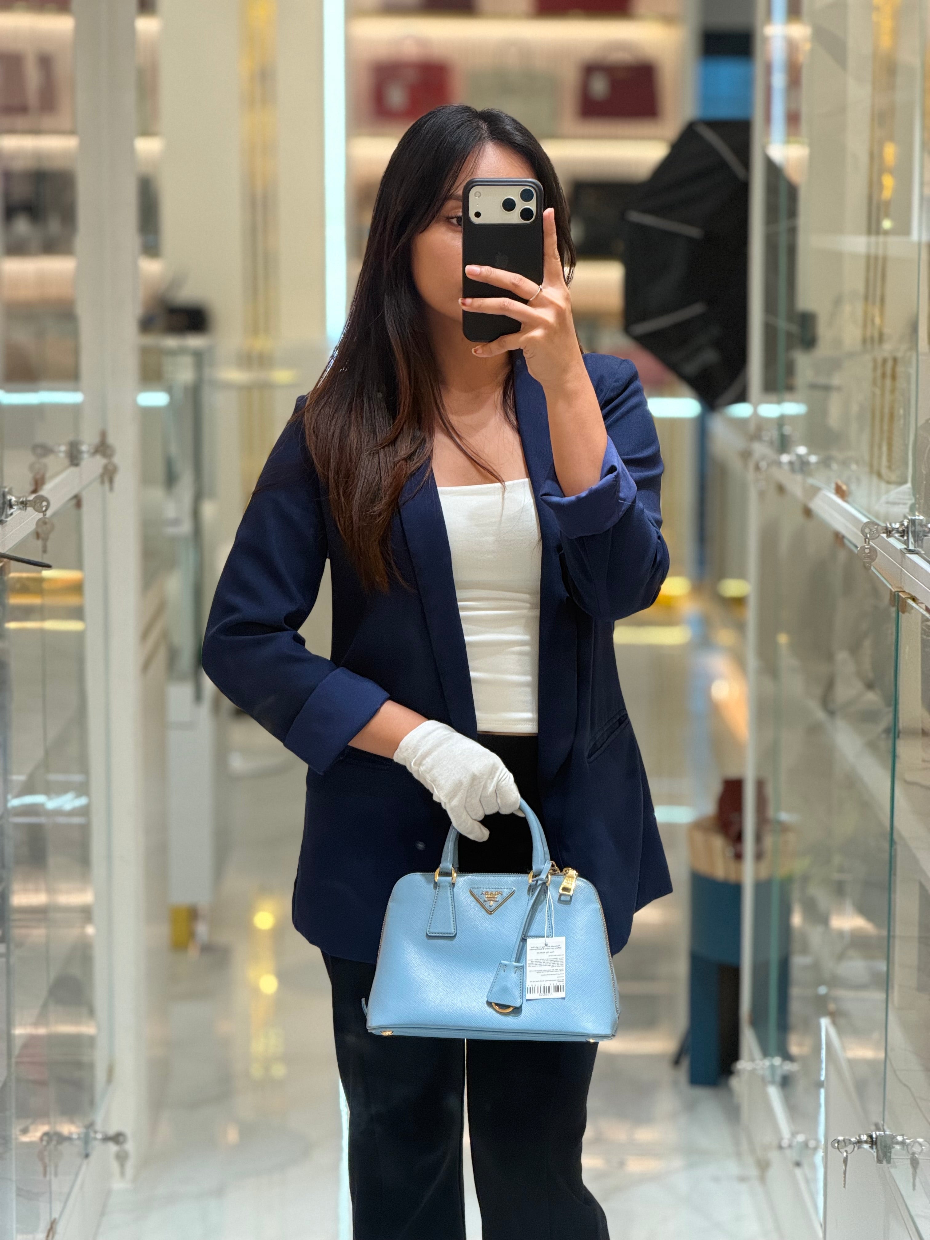 Promenade Small Bag in Light Blue Saffiano Lux Leather & Gold Hardware | Purse Maison Luxury Bags Shop