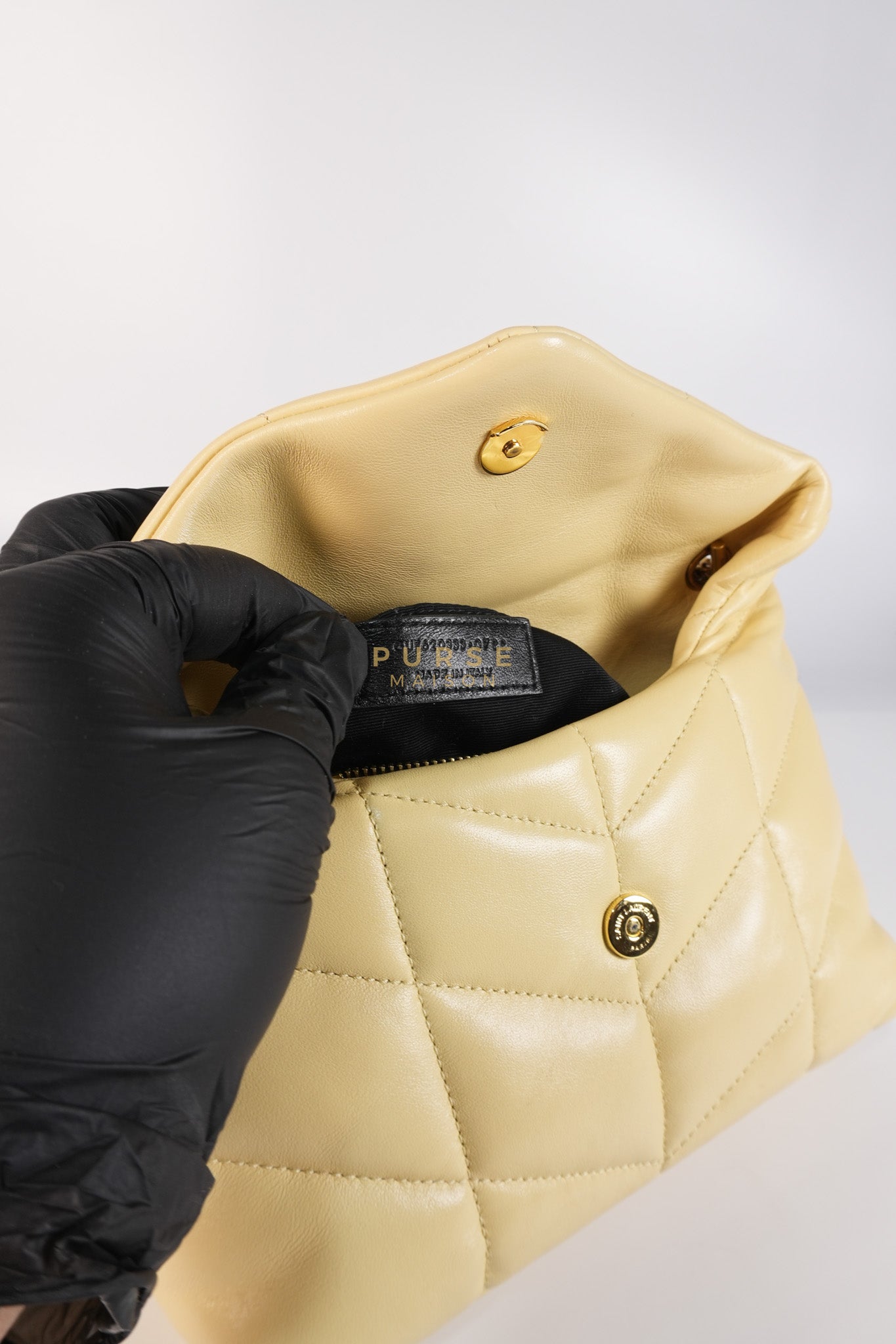 Puffer Mini Bag in Light Yellow Lambskin Leather and Gold Hardware | Purse Maison Luxury Bags Shop