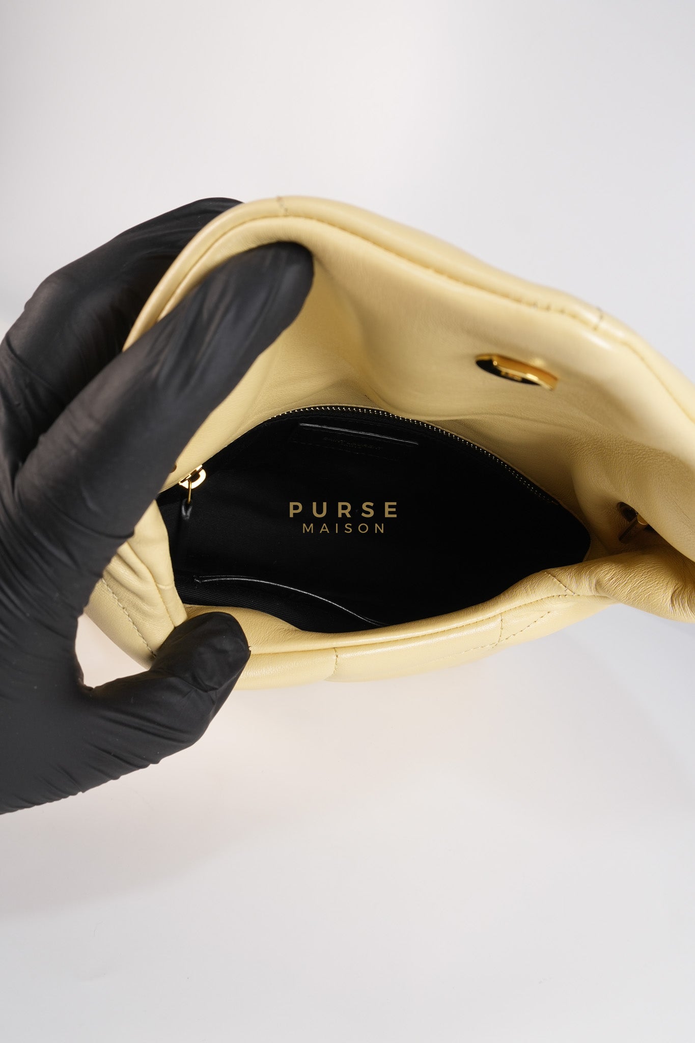 Puffer Mini Bag in Light Yellow Lambskin Leather and Gold Hardware | Purse Maison Luxury Bags Shop