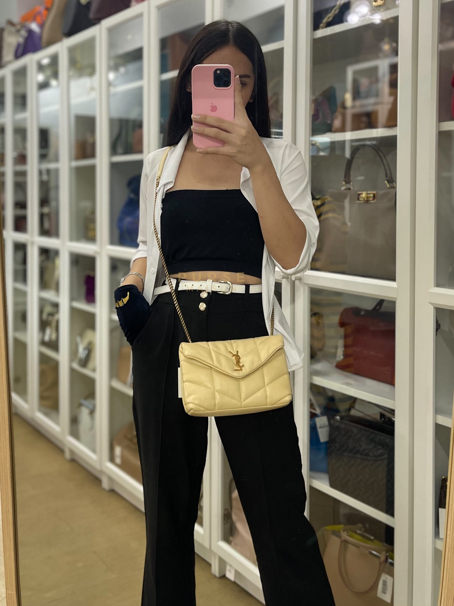 Puffer Mini Bag in Light Yellow Lambskin Leather and Gold Hardware | Purse Maison Luxury Bags Shop