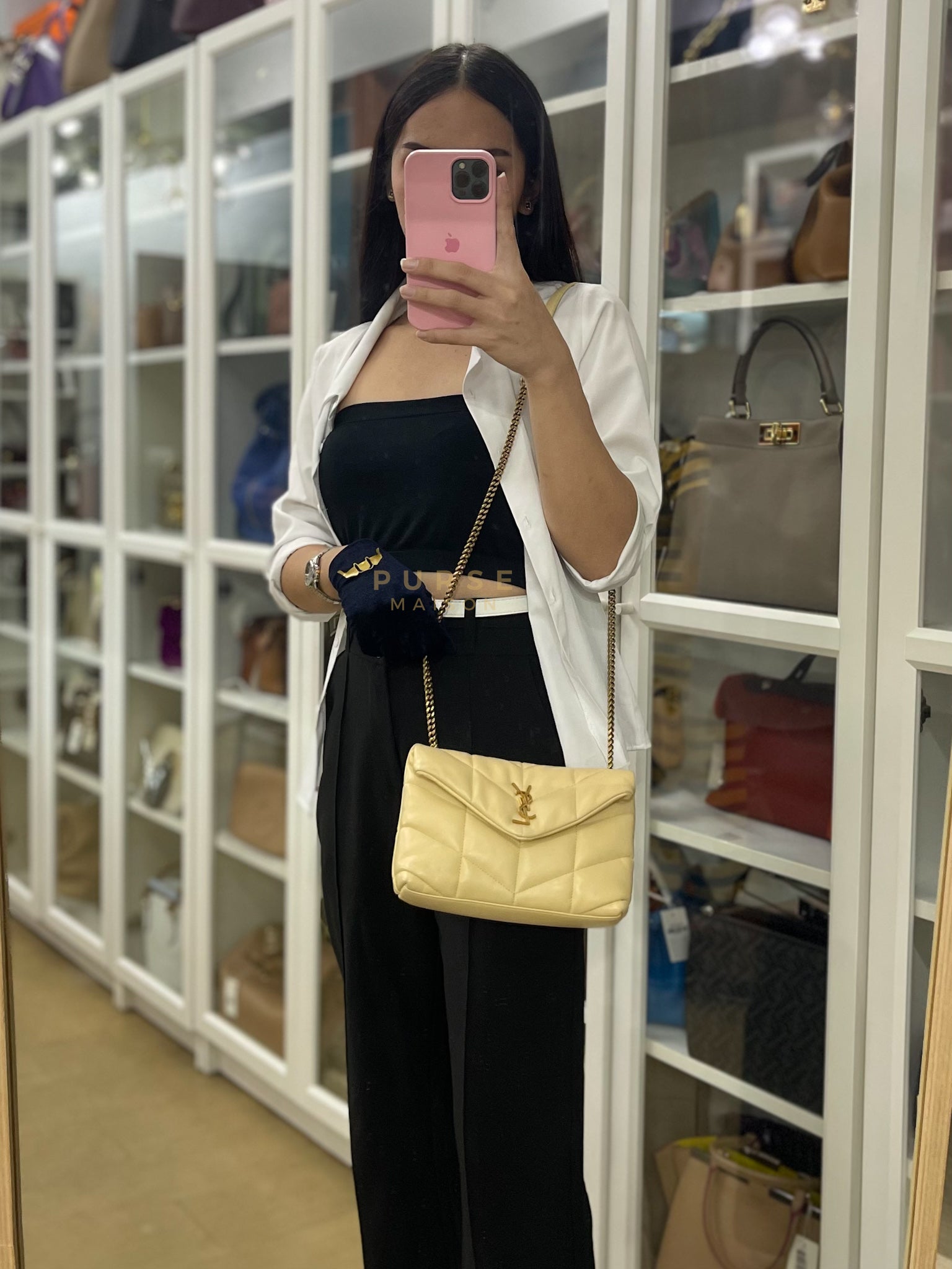 Puffer Mini Bag in Light Yellow Lambskin Leather and Gold Hardware | Purse Maison Luxury Bags Shop