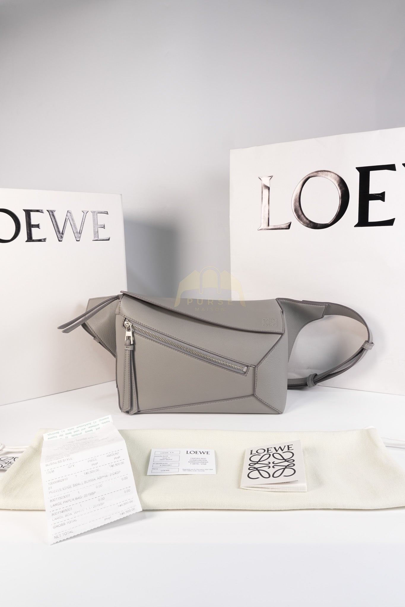 Puzzle Edge Bum Bag Small in Asphalt Gray Calfskin Leather | Purse Maison Luxury Bags Shop