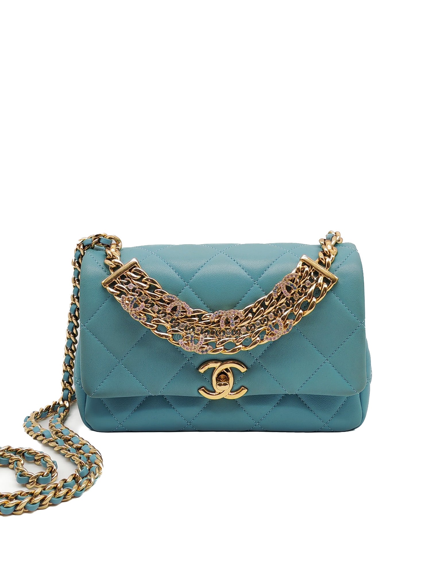 Mini CC Crystal Logo Chain Flap Bag in Light Blue Quilted Lambskin Leather & Gold Hardware Microchip