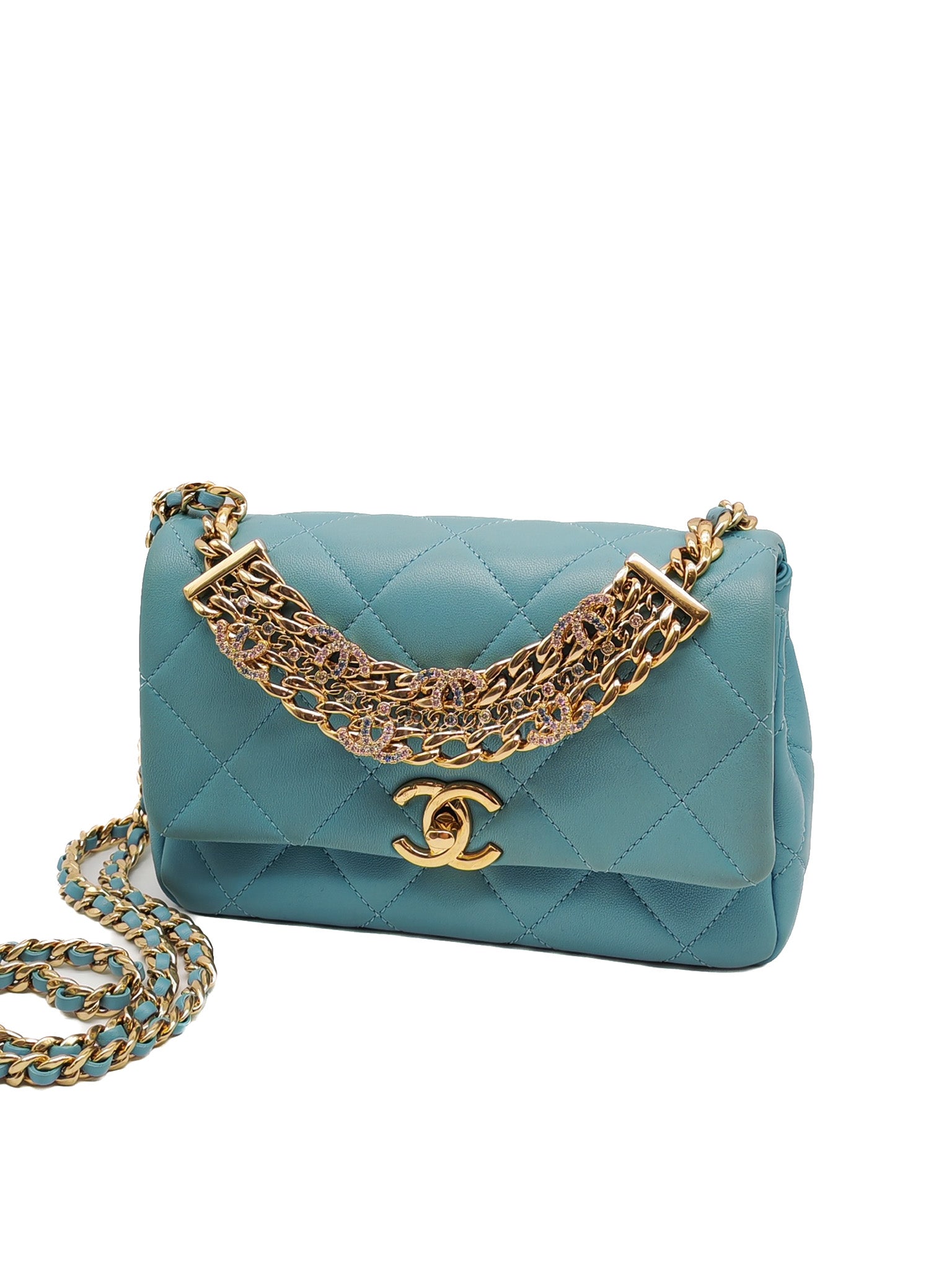 Mini CC Crystal Logo Chain Flap Bag in Light Blue Quilted Lambskin Leather & Gold Hardware Microchip