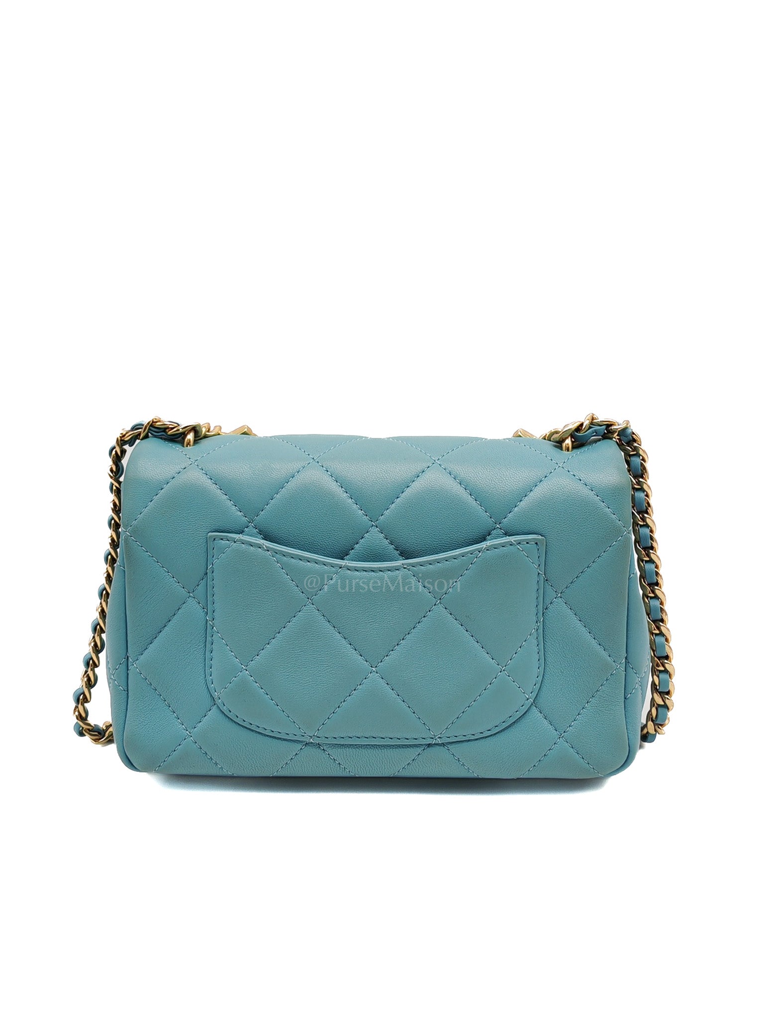 Mini CC Crystal Logo Chain Flap Bag in Light Blue Quilted Lambskin Leather & Gold Hardware Microchip