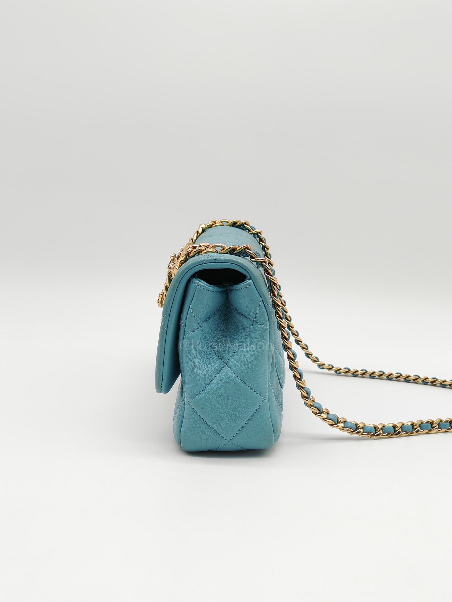 Mini CC Crystal Logo Chain Flap Bag in Light Blue Quilted Lambskin Leather & Gold Hardware Microchip