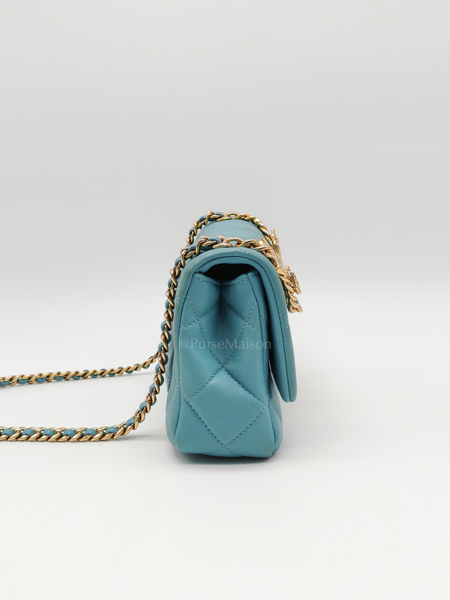 Mini CC Crystal Logo Chain Flap Bag in Light Blue Quilted Lambskin Leather & Gold Hardware Microchip