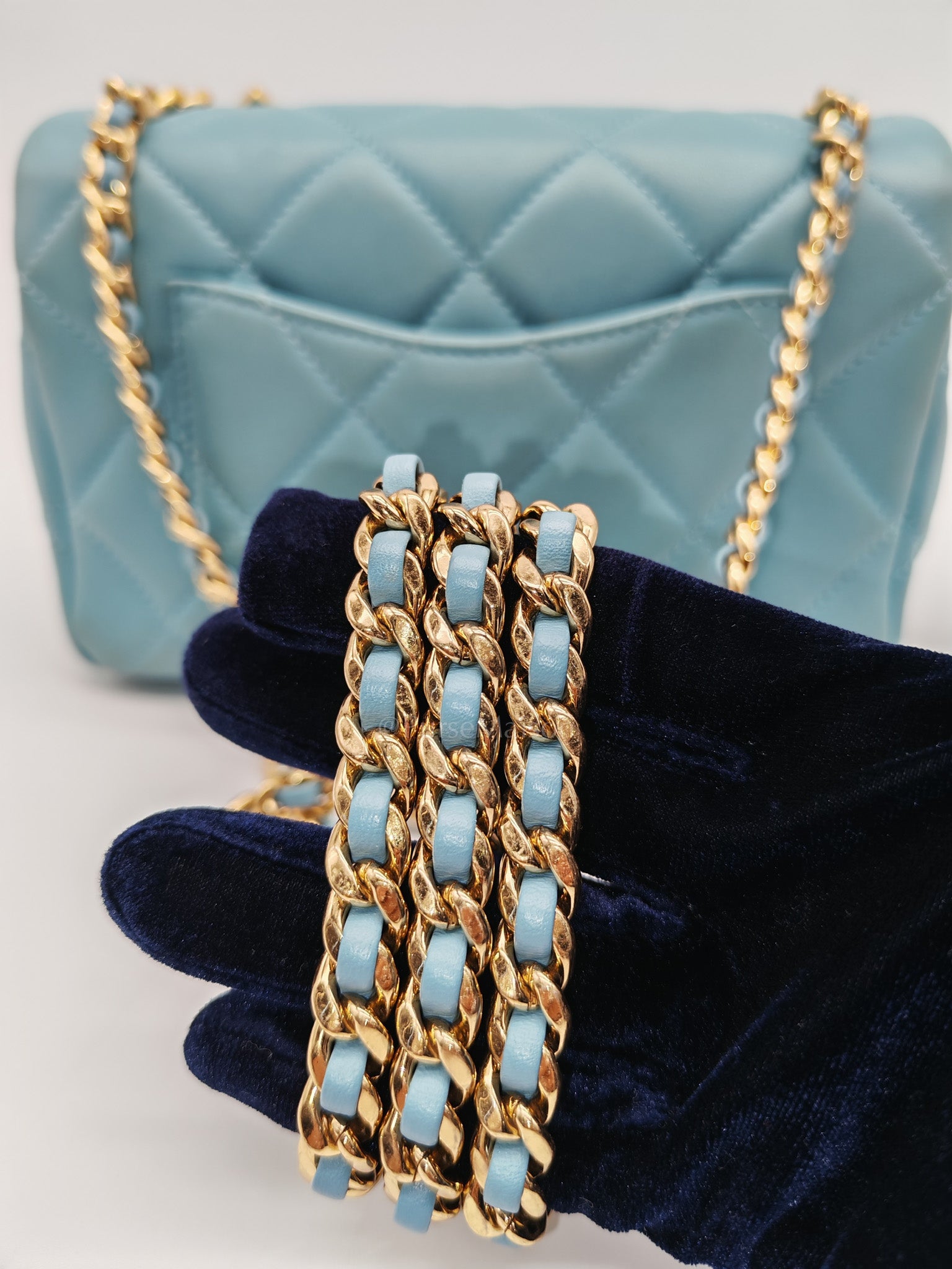 Mini CC Crystal Logo Chain Flap Bag in Light Blue Quilted Lambskin Leather & Gold Hardware Microchip