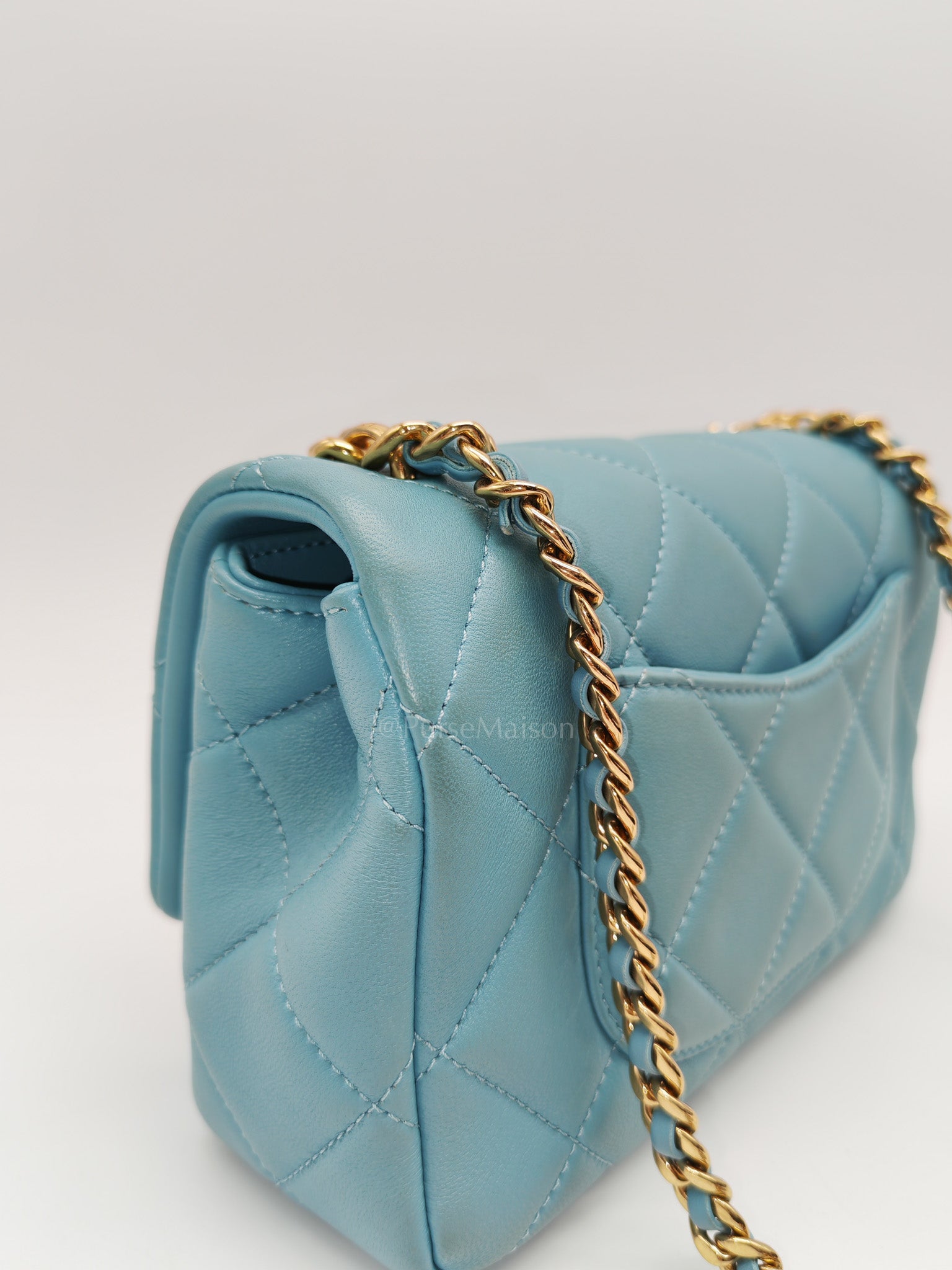 Mini CC Crystal Logo Chain Flap Bag in Light Blue Quilted Lambskin Leather & Gold Hardware Microchip
